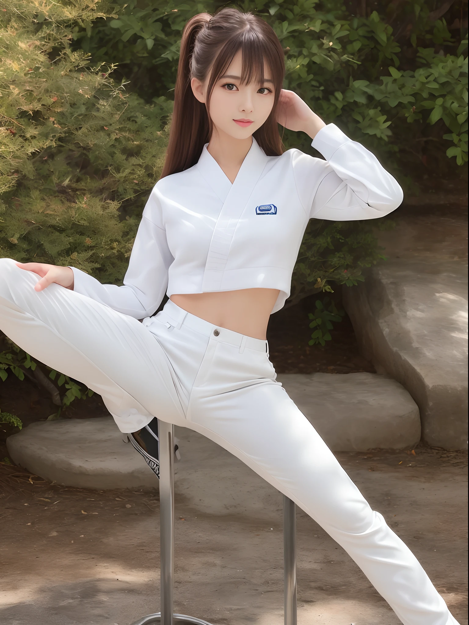(Photorealsitic)(), Perfectly beautiful woman, (Full body 8K portrait), Large and dynamic hand and foot movements, White Karate Uniform, White karate pants, Large bust,Stand alone, Large and dynamic hand and foot movements, Make a high side kick, Correct skeleton, Perfect facial detail, (Smile: 1.15), attractive beautiful face, gazing at viewer, a small face, 二重まぶた, Beautiful detailed eyes, long eyeslashes, ligh brown hair, poneyTail, Toned waist, Beautiful thin legs, toned ankles, bare-legged ,TOKYOcty