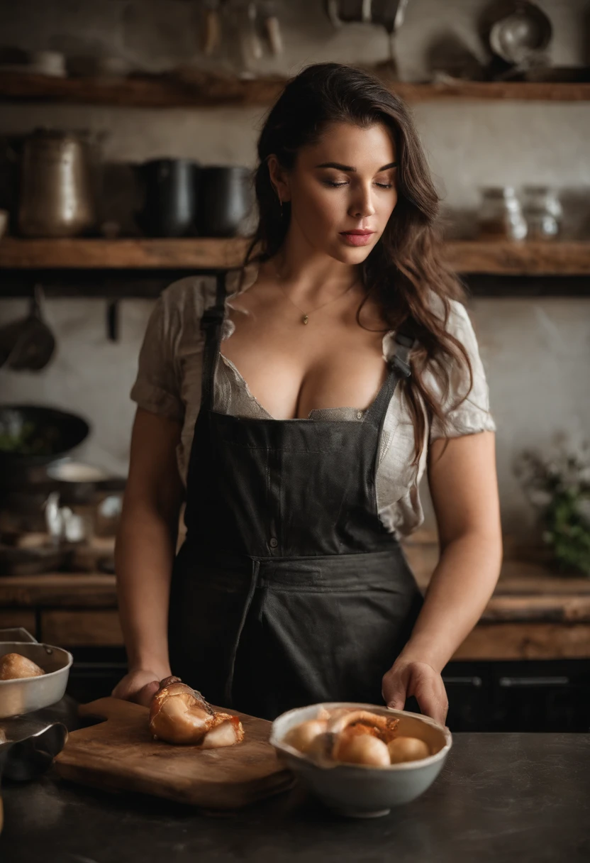 masterpiece, best quality, 1girl (large breasts:1.5, busty:1.2), black hair, ahoge,hairband, maid outfit, looking at viewer, panic, messy kitchen, fire, kitchen background.