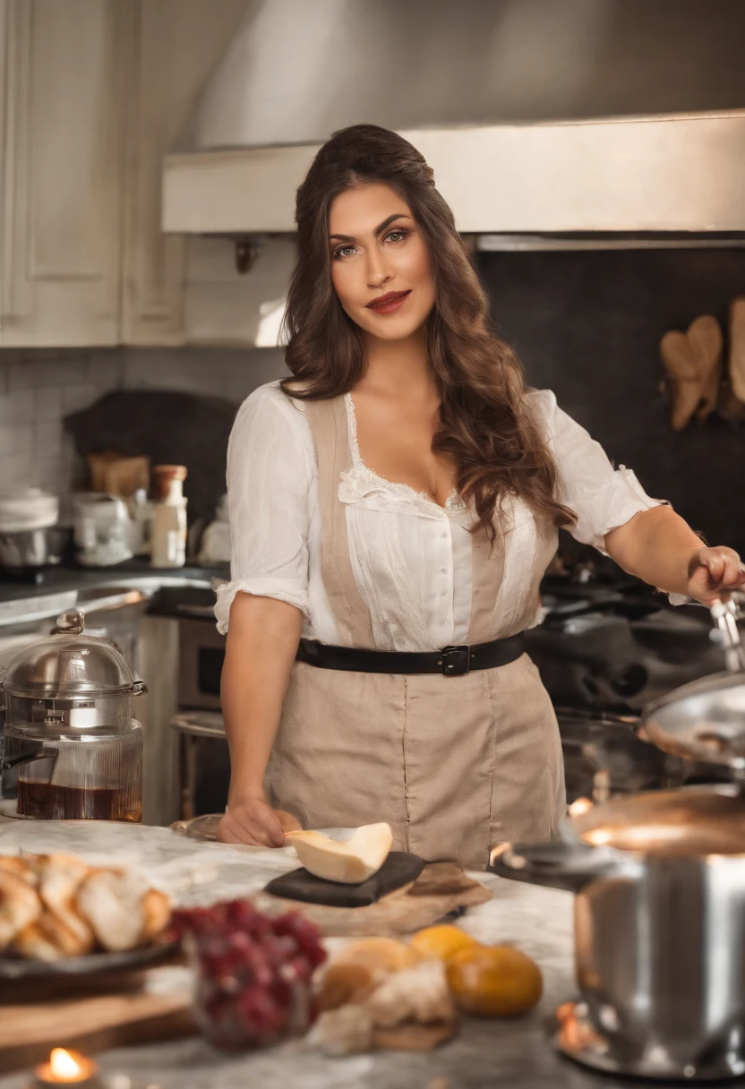 masterpiece, best quality, 1girl (large breasts:1.5, busty:1.2), black hair, ahoge,hairband, maid outfit, looking at viewer, panic, messy kitchen, fire, kitchen background.