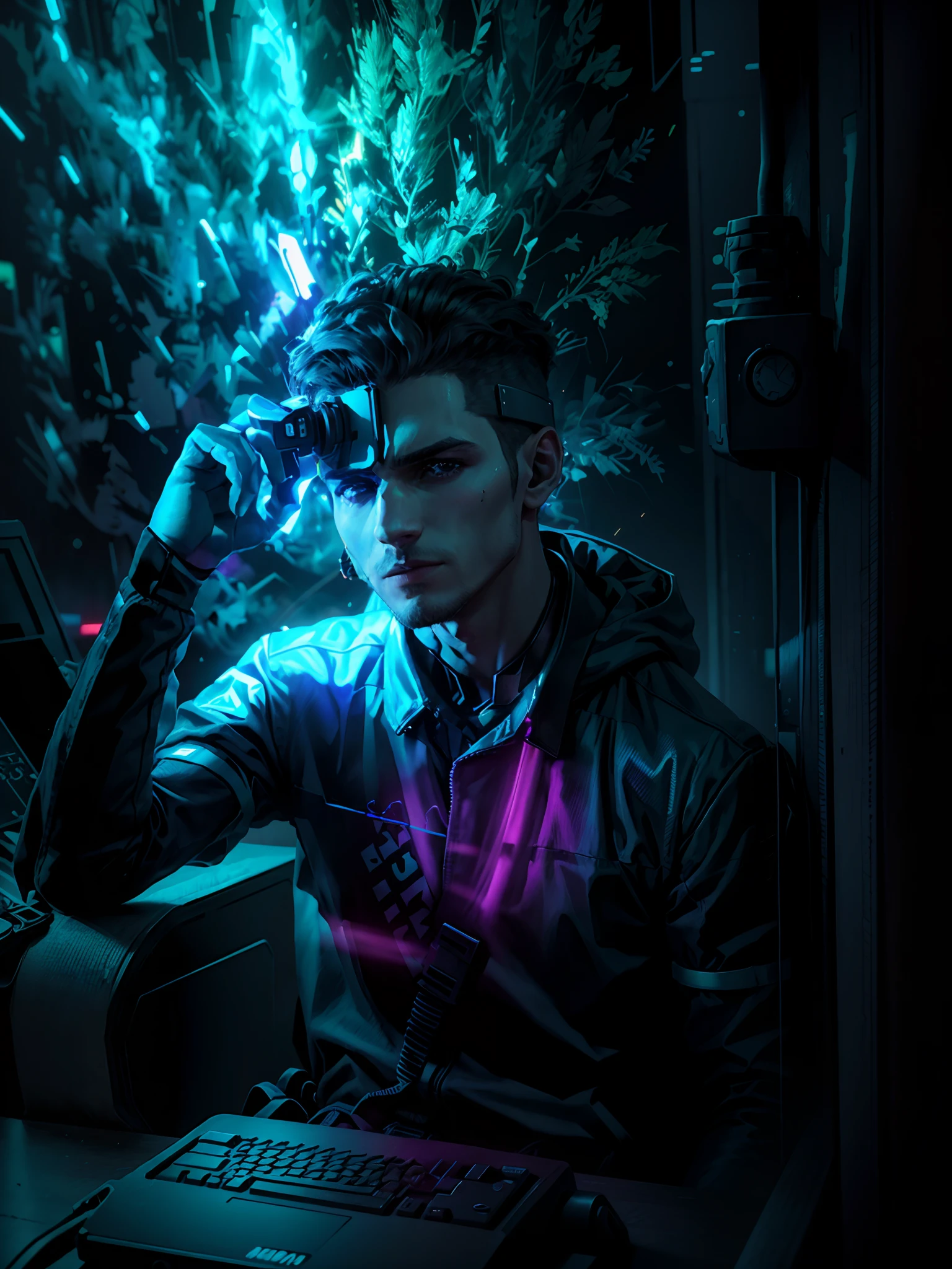 ((Melhor qualidade)), ((obra-prima)), (altamente detalhado: 1.3), 3D, NeonNoir, homem moreno cyberpunk, (using the head mounted display which is thick and hi-tech: 1.2), usando uma capa, hacking um terminal de computador, PURPLE NEON LIGHT FROM MONITOR, GREEN NEON SIGNS ON THE WALL,