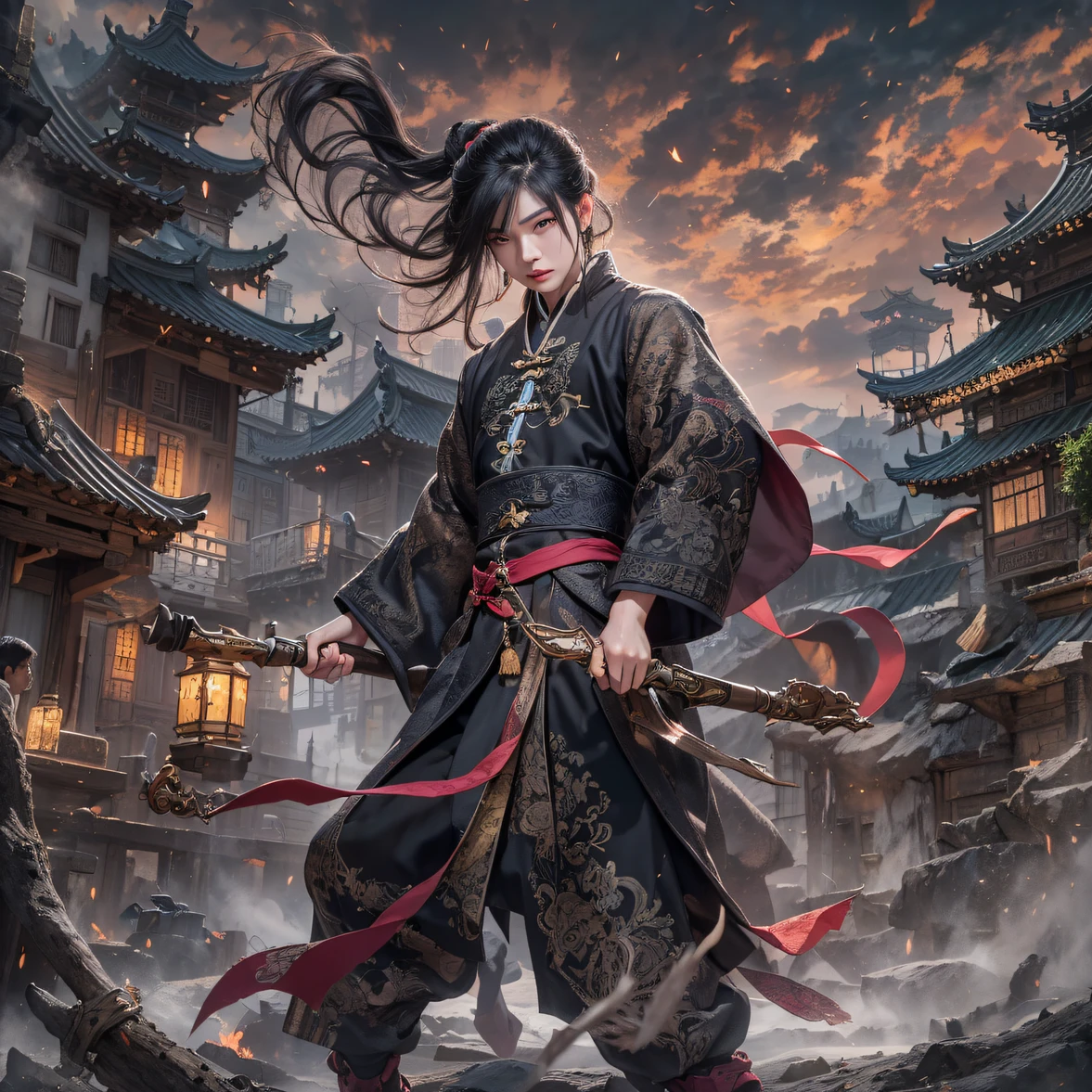 The protagonist Meng Chuan has made a vow to avenge his mother since he , starting from the Jinghu Taoist Academy, with his resolute and fearless heart and sharp and decisive knife skills, punishing treachery and rupturing the demon race, climbing to the top of the Fourth Avenue Courtyard, famous Dongning Mansion, worshiping the Yuanchu Mountain, and achieving a generation of gods and demons，full bodyesbian，Full Body Male Mage 32K（Masterpiece Canyon Ultra HD）Long flowing black hair，Campsite size，zydink， The wounded lined up in the streets（canyons）Climb the streets， The scene of the explosion（canyons）， （Linen batik scarf）， Angry fighting stance， looking at the ground， Batik linen bandana， Chinese purple-pink pattern long-sleeved garment， canyons（Abstract propylene splash：1.2）， Dark clouds lightning background，Flour flies（realisticlying：1.4），Black color hair，Flour fluttering，Sauce black background， A high resolution， the detail， RAW photogr， Sharp Re， Nikon D850 Film Stock Photo by Jefferies Lee 4 Kodak Portra 400 Camera F1.6 shots, Rich colors, ultra-realistic vivid textures, Dramatic lighting, Unreal Engine Art Station Trend, cinestir 800，Flowing black hair,（（（Jungle Canyon）））The wounded lined up in the streets（vale）Climb the streets，Movie master real-time image quality，Large purple-pink potatoes