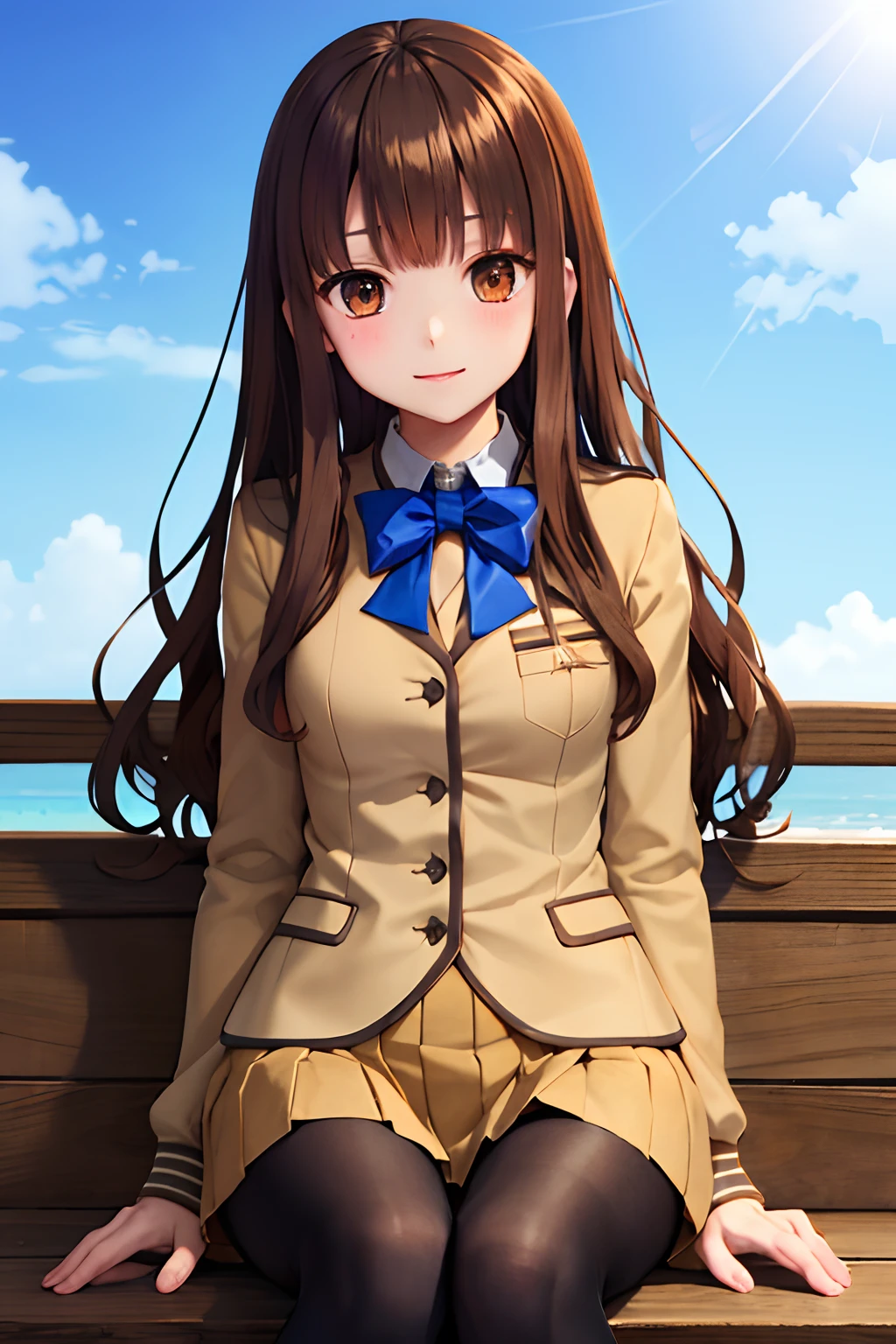 masutepiece, Best Quality, hight resolution, HMKH1, blue bowtie, blue bow, Brown skirt, Brown jacket, Black pantyhose, School uniform, Cowboy Shot, a miniskirt、opening legs