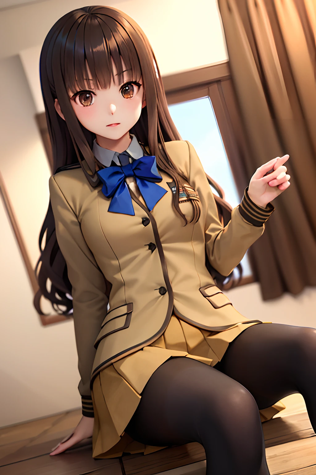 masutepiece, Best Quality, hight resolution, HMKH1, blue bowtie, blue bow, Brown skirt, Brown jacket, Black pantyhose, School uniform, Cowboy Shot, a miniskirt、opening legs