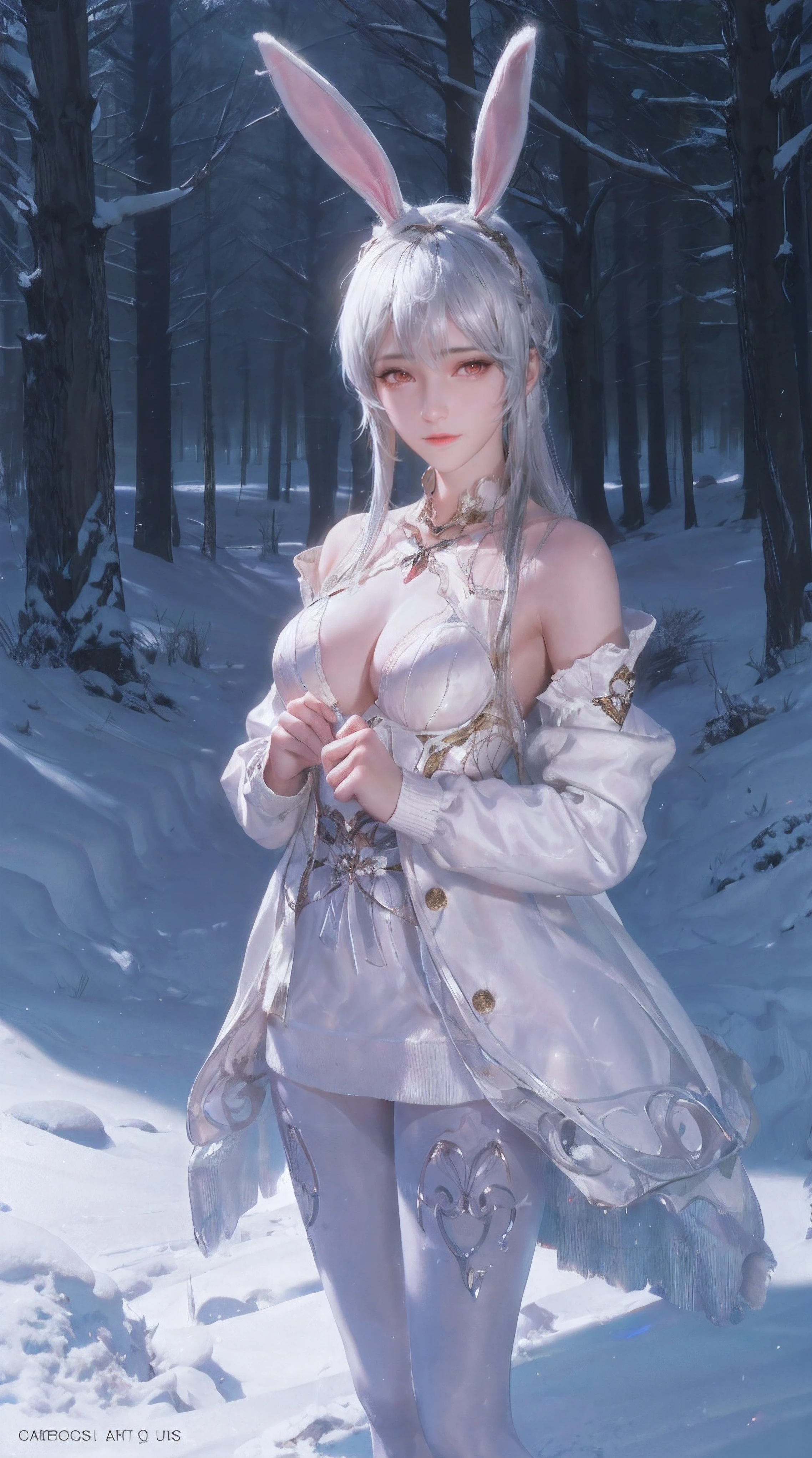 1girl, bunny ears, white hair, skinny waist and legs, long legs, very small breast, fair skin, Full cover sweater, white pantyhose, deadpan, upper body, in snow, forest, photographed by Canan EOS R6, 135mm, 1/1250s, f/2.8, ISO 400