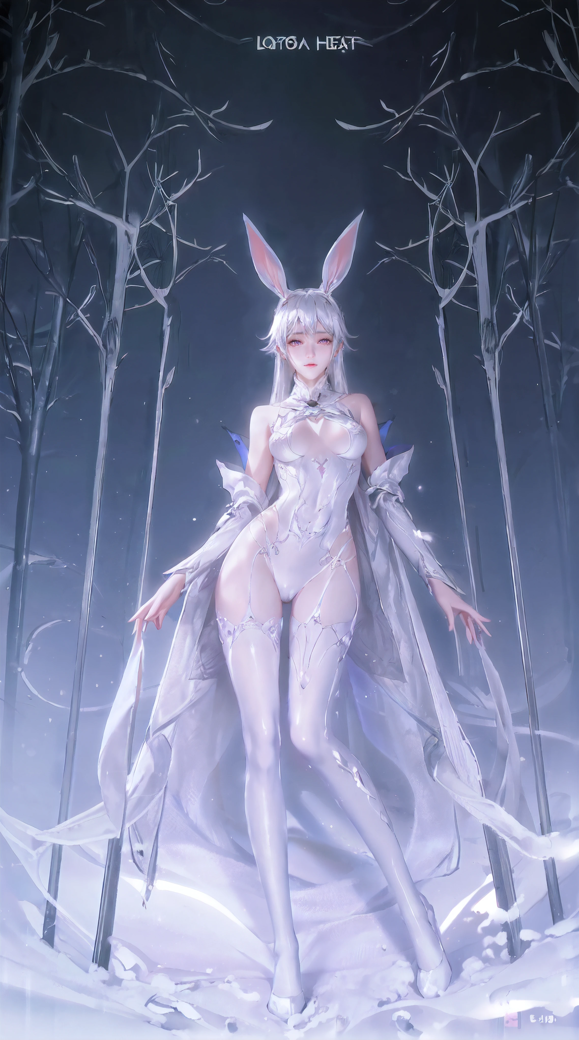 1girl, bunny ears, white hair, skinny waist and legs, long legs, very small breast, fair skin, Full cover sweater, white pantyhose, deadpan, upper body, in snow, forest, photographed by Canan EOS R6, 135mm, 1/1250s, f/2.8, ISO 400