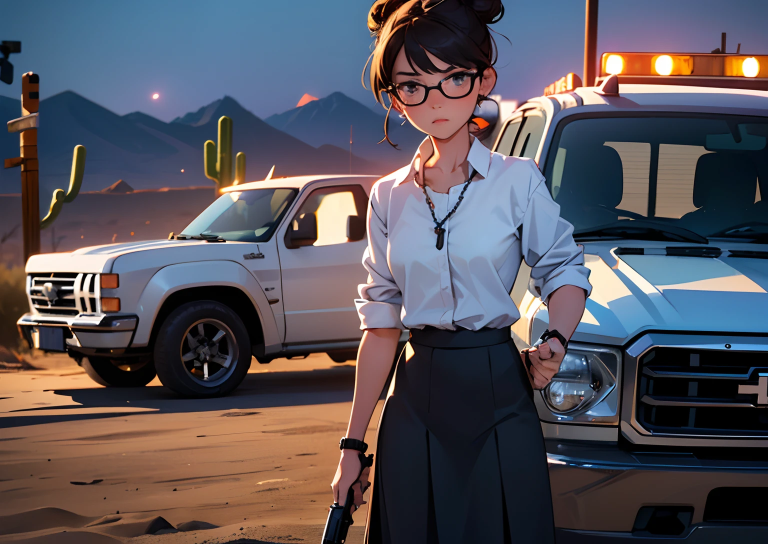 ((nighttime)) , ((empty desert)) , (young woman dressed in office clothes aiming gun off screen) , white shirt and black skirt, ((dark outside)), no shoes, barefoot, (standing next to pickup truck with lights on) , dust kicked up, (mousy face) , cute nose, dark hair in single bun, glasses, dramatic shading, detailed face, focused face, Masterpiece, best quality, highres, 1girl, attractive face, stars in sky,, cute face, (pickup truck), headlights on, ((gun in one hand)), (woman aiming revolver: 1.3),(((holding rosary)))