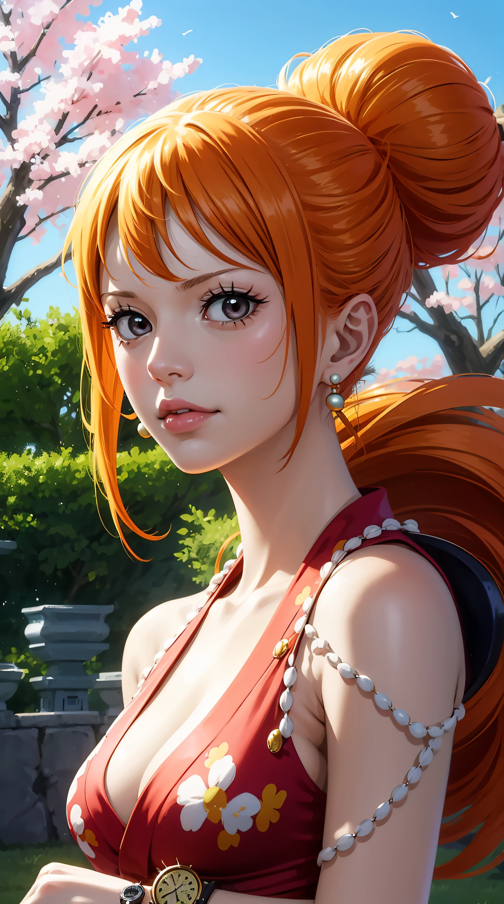 NamiFinal, Nami from the anime One Piece, orange hair, bangs, hair in a bun, beautiful, beautiful woman, perfect body, perfect breasts, wearing a kimono, wearing earrings, wearing a watch, in the park, cherry tree, traditional house japan, looking at viewer, slight smile, realism, masterpiece, textured leather, super detail, high detail, high quality, best quality, 1080p, 16k