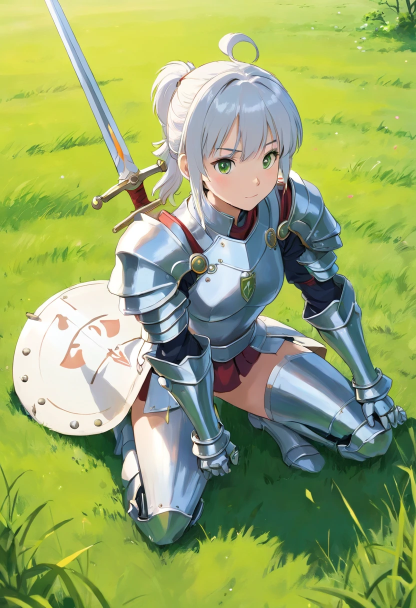 anime-style, female, white short ponytail hairstyle, wearing silver knight armor, kneeling position, green grass field, long sword, round shield, face facing viewer