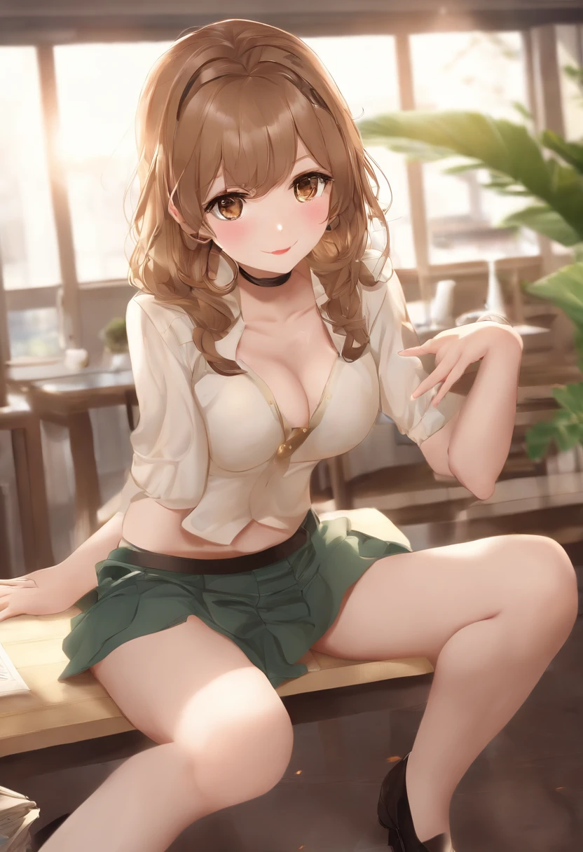 ((NSFW:1.7、realisitic))、1girl in, (Light brown medium hair), student clothes、 Look at viewers, Young Face、Naughty look, Opening legs、Open your legs、Crotch main、After Cum Inside、arms back、large full breasts,Putting out the chest、A smile、Shorthair、