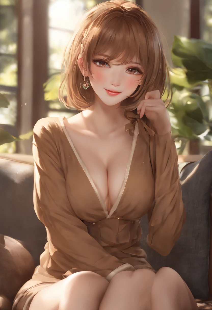 ((NSFW:1.7、realisitic))、1girl in, (Light brown medium hair), student clothes、 Look at viewers, Young Face、Naughty look, Opening legs、Open your legs、Crotch main、After Cum Inside、arms back、large full breasts,Putting out the chest、A smile、Shorthair、