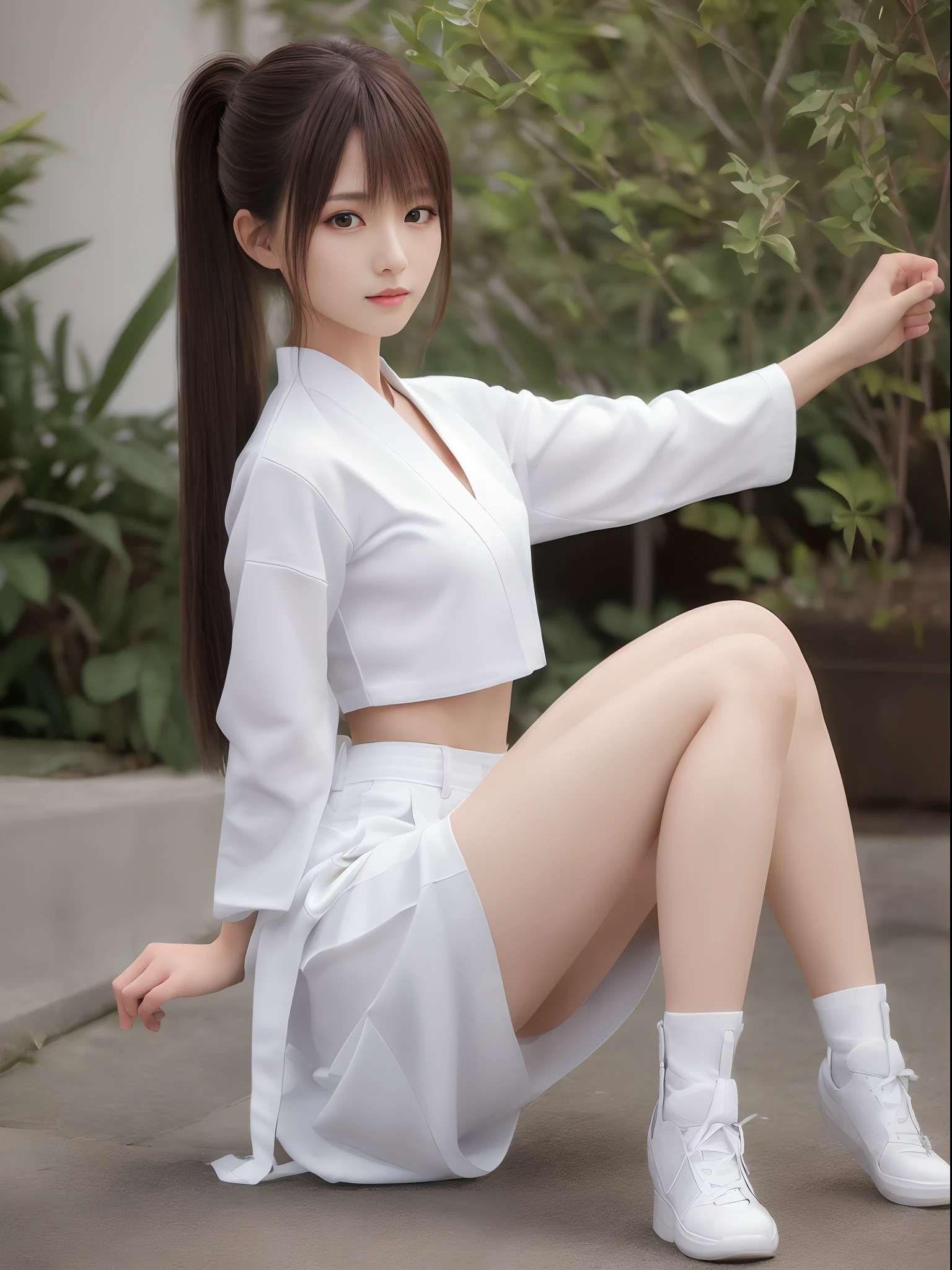 (Photorealsitic)(), Perfectly beautiful woman, (Full body 8K portrait), White Karate Uniform, White karate pants, Large bust,Stand alone, Make a high side kick, Large and dynamic hand and foot movements, Correct skeleton, beautiful proportion, Perfect facial detail, (Smile: 1.15), attractive beautiful face, gazing at viewer, a small face, 二重まぶた, Beautiful detailed eyes, long eyeslashes, ligh brown hair, poneyTail, Toned waist, Beautiful thin legs, toned ankles, bare-legged ,TOKYOcty