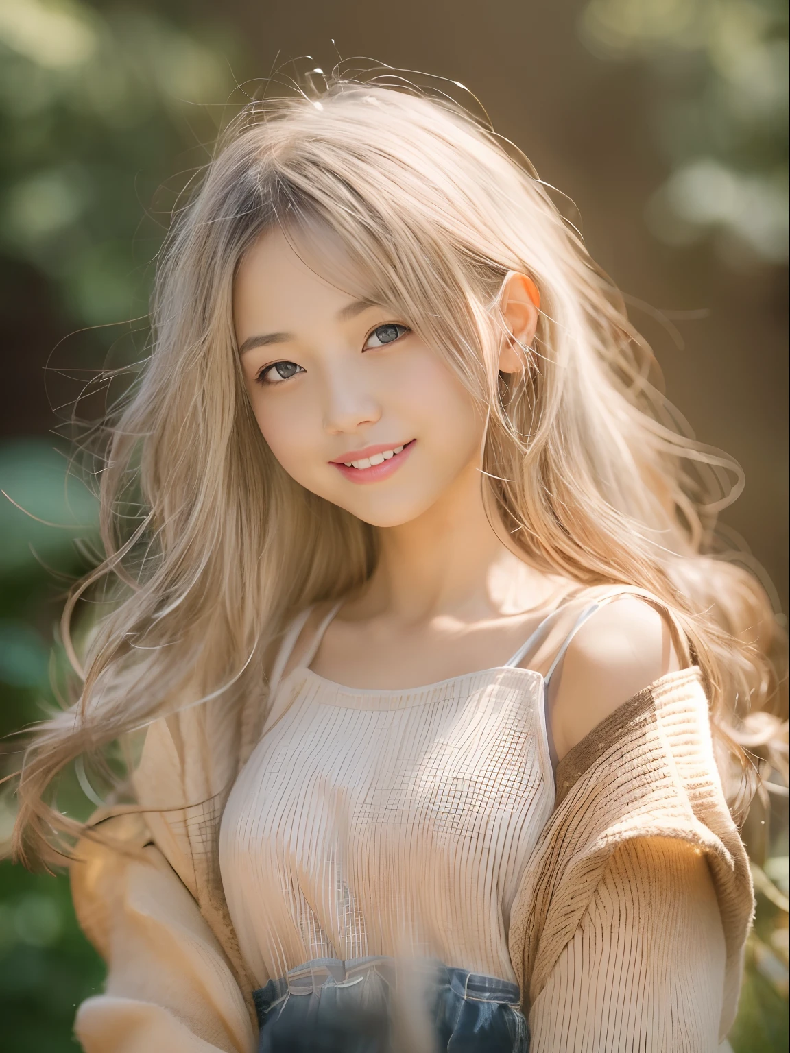 (8K, top-quality, masterpiece:1.2), (realisitic, Photorealsitic:1.37), ultra-detailliert, 1Girl of Man,cute little, 独奏,Beautiful detailed sky,date,(Nasal blush),(A smile:1.15),(a closed mouth)tiny chest、beatiful detailed eyes、(length hair: 1.2)、Floating Hair NovaFrogStyle、The upper part of the body、Tank Tops、An 18-year-old woman、Happy smile