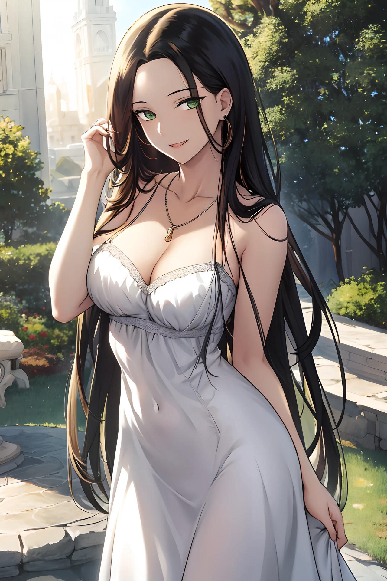 Masterpiece, (Best quality), 1womanl,1girll ,Beautiful woman, Altairdb, Long hair, Green eyes,   Black hair,, White dress, necklace, dress, jewelry, Divine, ,Smile, ,Stud earrings , Vibrant colors ,Natural lighting  ,RTX,  Perfect proportions, Beautiful, (Detailed face:1.2), Showcase, (Perfect eyes:1.1) ,(Photorealistic:1.1), 8K  UHD,  looking a viewer, Outdoors,  simple backround, (full bodyesbian:1.2)