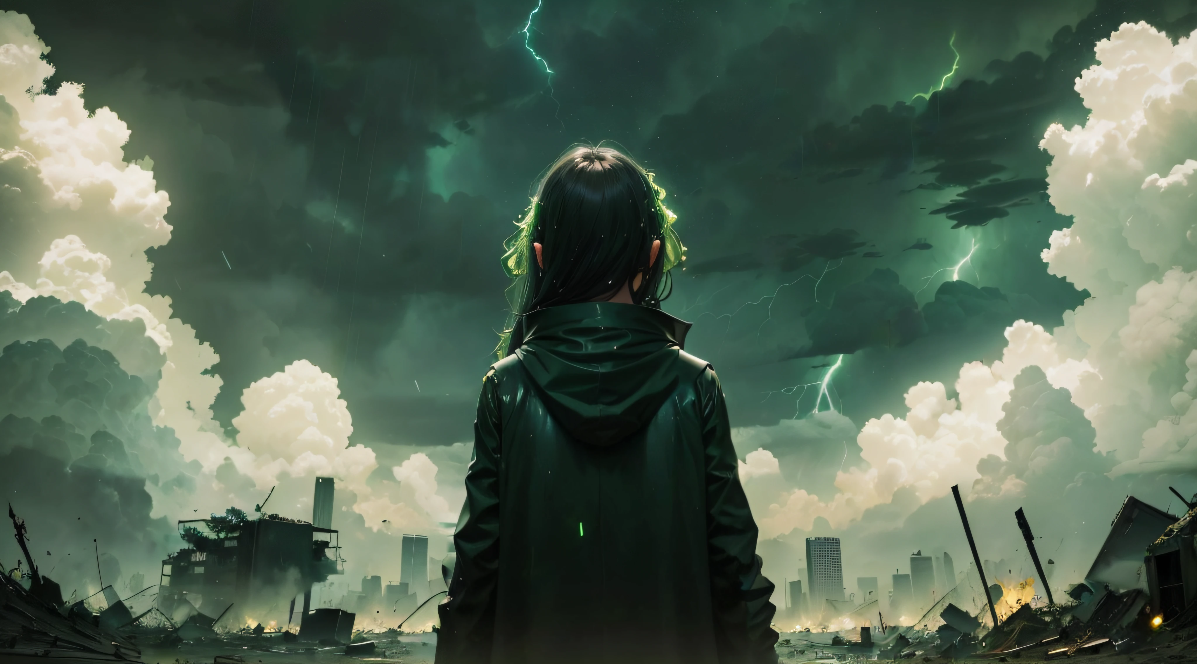 green thungs, green shotting stars, rain, heavy rain, green lights, green nigth