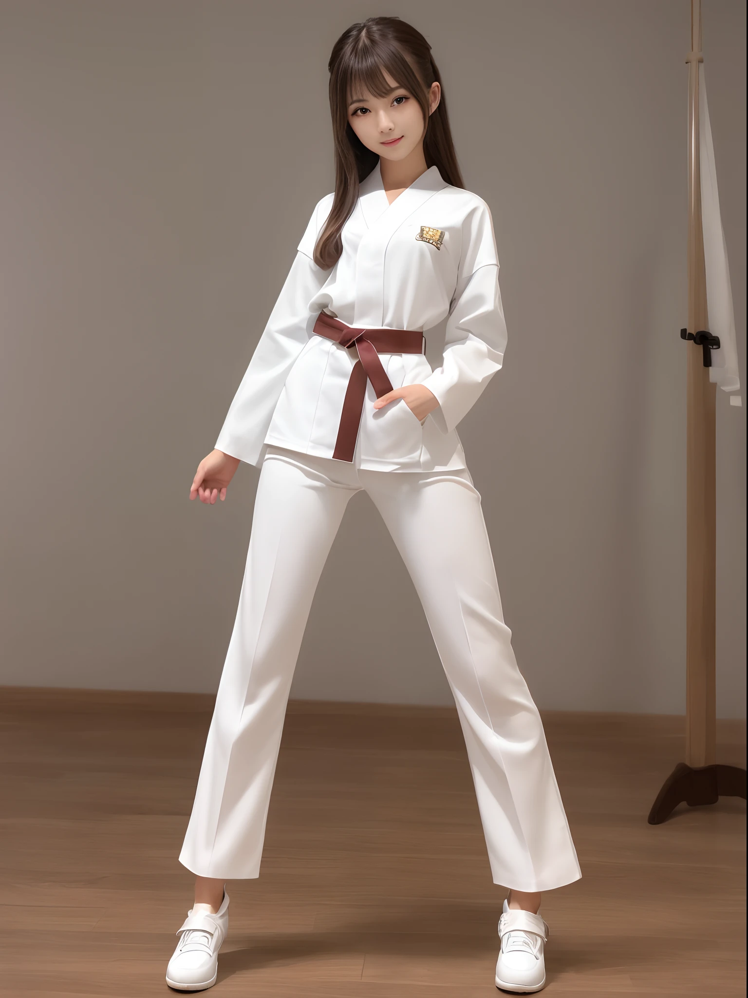 (Photorealsitic)(), Perfectly beautiful woman, (Full body 8K portrait), White Karate Uniform, White karate pants, Large bust,Stand alone, Make a high side kick, Large and dynamic hand and foot movements, Correct skeleton, beautiful proportion, Perfect facial detail, (Smile: 1.15), attractive beautiful face, gazing at viewer, a small face, 二重まぶた, Beautiful detailed eyes, long eyeslashes, ligh brown hair, poneyTail, Toned waist, Beautiful thin legs, toned ankles, bare-legged ,TOKYOcty