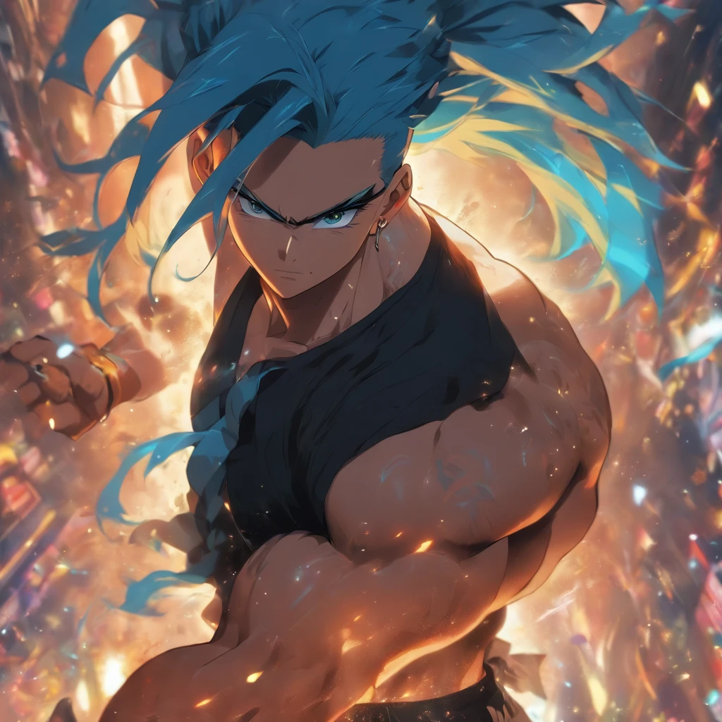 a man with blue hair in a ponytail wearing an open black shirt with visible six-pack abs
