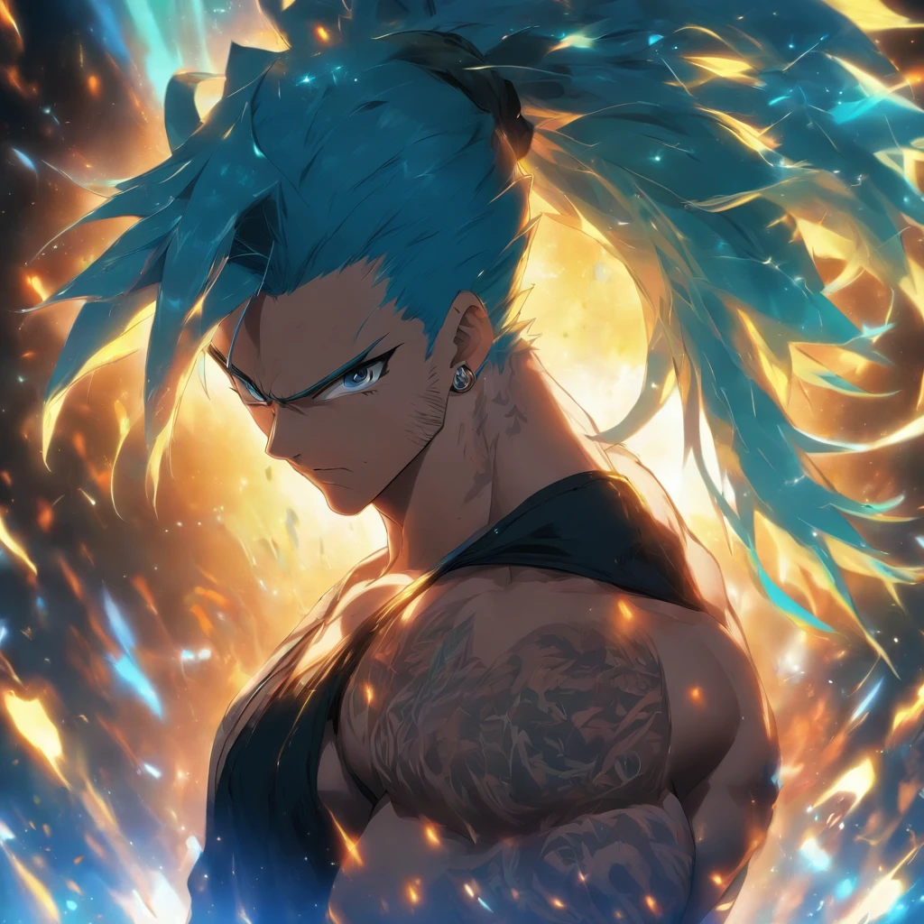 a man with blue hair in a ponytail wearing an open black shirt with visible six-pack abs
