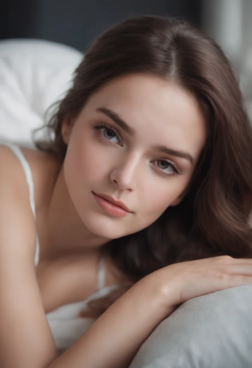 Full body photo of a German woman, RAW, beautiful woman, semi-open strawberry lips, dimples, wistful look, green eyes, large pupils, large eyelashes, (extra long wavy brown hair), ((detailed face)), ((detailed facial features)), (finely detailed skin), pale skin, lying on a bed, legs wide open, small breasts, skimpy lace lingerie, erotic