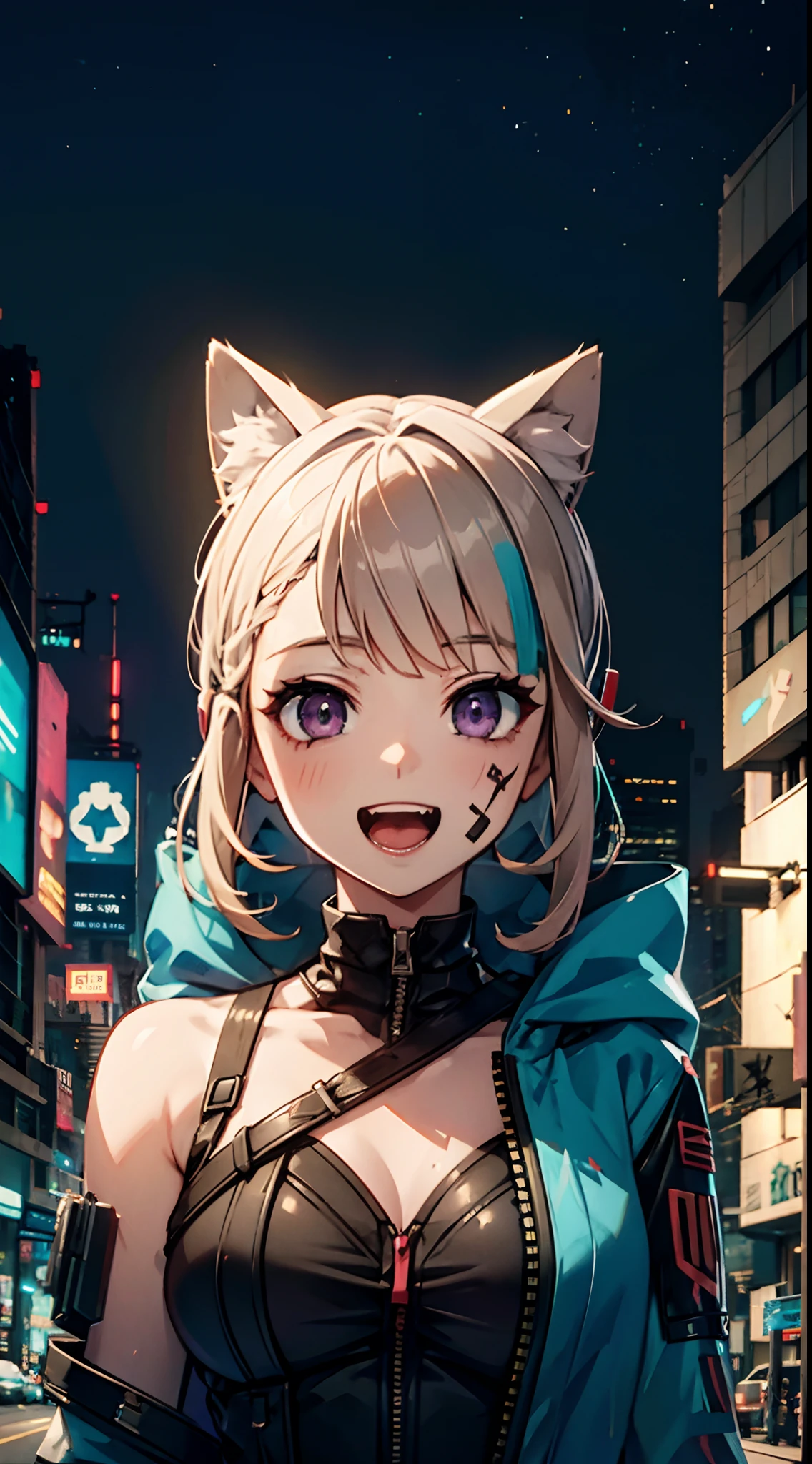 Graffiti face, eyes open, open mouth, yandere expression, smile, look at viewer, hand not visible, cyberpunk city, modern clothes, upper body, wearing sci-fi clothes