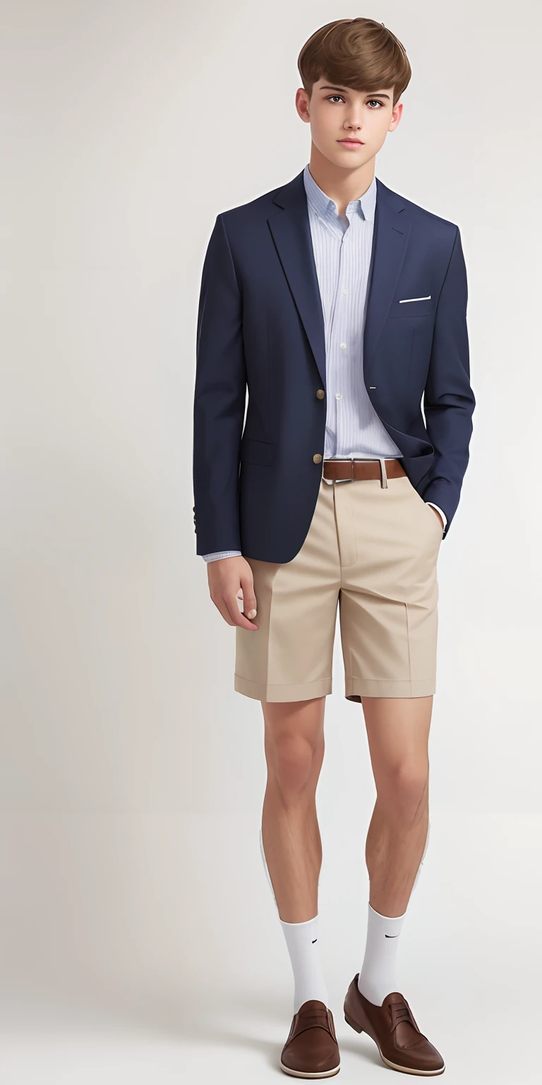 Best quality. 4k. Hyper realistic. Male. High school. American rich boy. Skinny. Preppy. White button down. Buttoned up. Khaki Short shorts. Brown loafers. No socks. Brunette. Preppy. Bowl cut hairstyle. Bowl cut undercut. Standing. Full body. No socks. Brown loafer dress shoes with no socks.