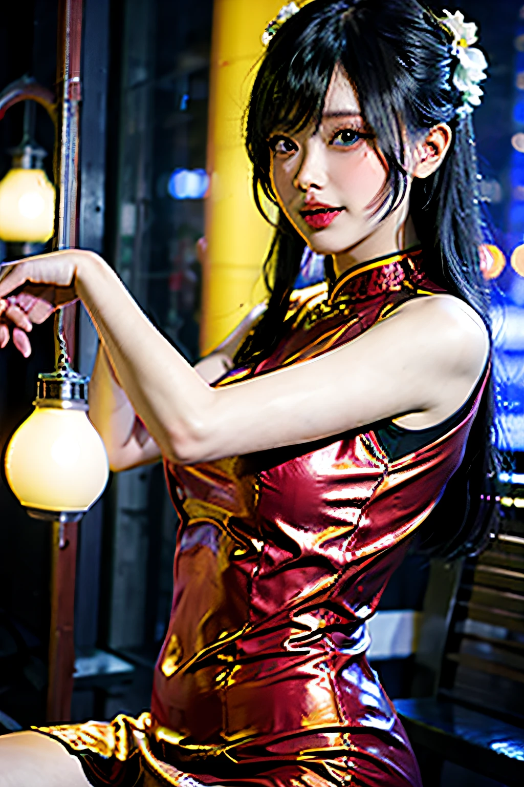 A poster of a Showa-era Japanese Roman Porno, a woman in a provocative pose with legs spread, seductive gaze. Dim background with neon lights highlighting her silhouette. She wears a red dress, adding to her allure. Retro film grain effect for a vintage feel. Created Using: seductive pose, erotic atmosphere, vintage film grain, neon light highlighting --ar 5:7 --v 6.0 --no kimono