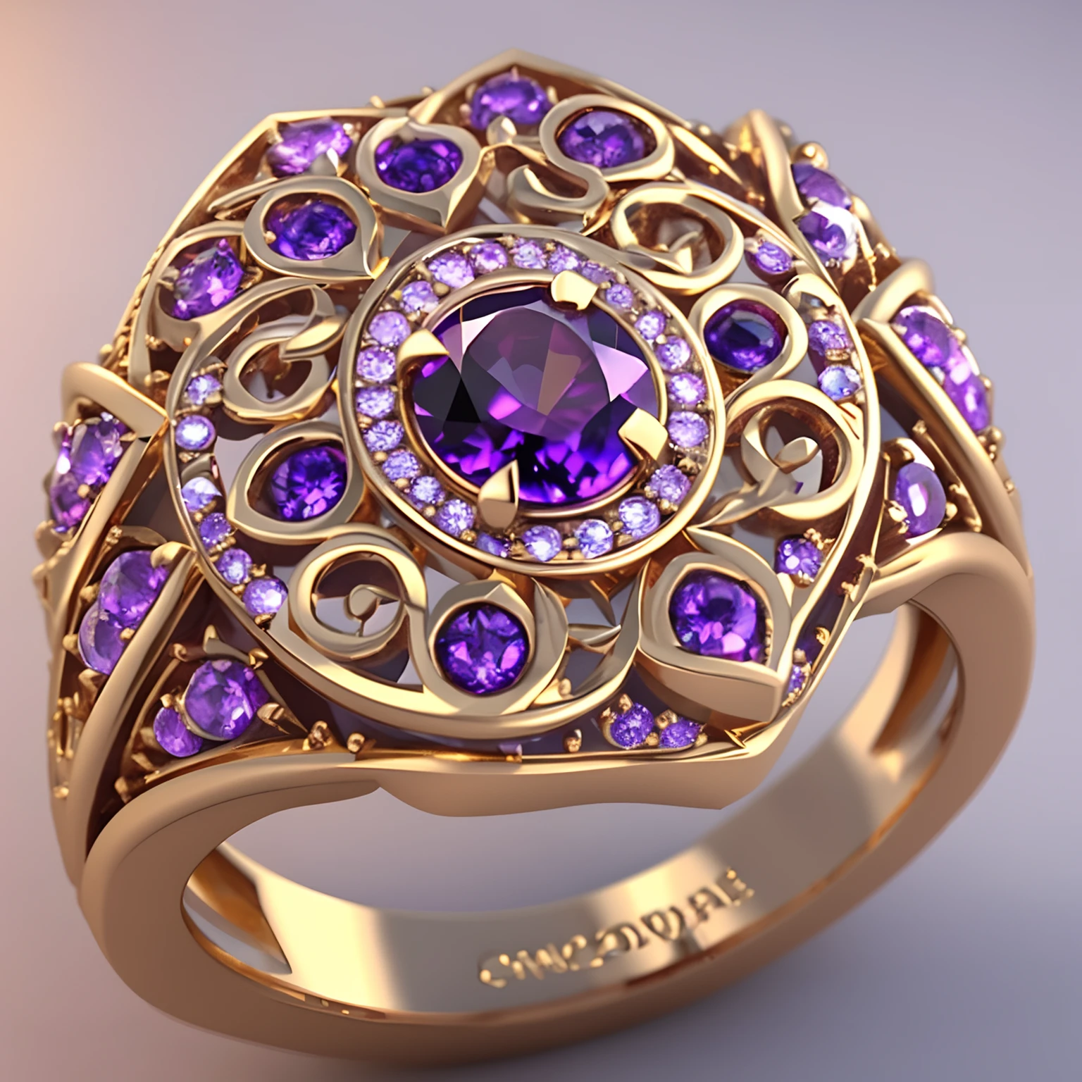 Close-up of the ring，It has purple diamonds on it, stuning fantasy 3 d render, Ring design, ultra detailed 16k, magic crystal ring, Gold and precious stones,gorgeous 3d render, magic ring with a diamond, The magical wishing ring, detailed jewelry, 8K high quality detailed art