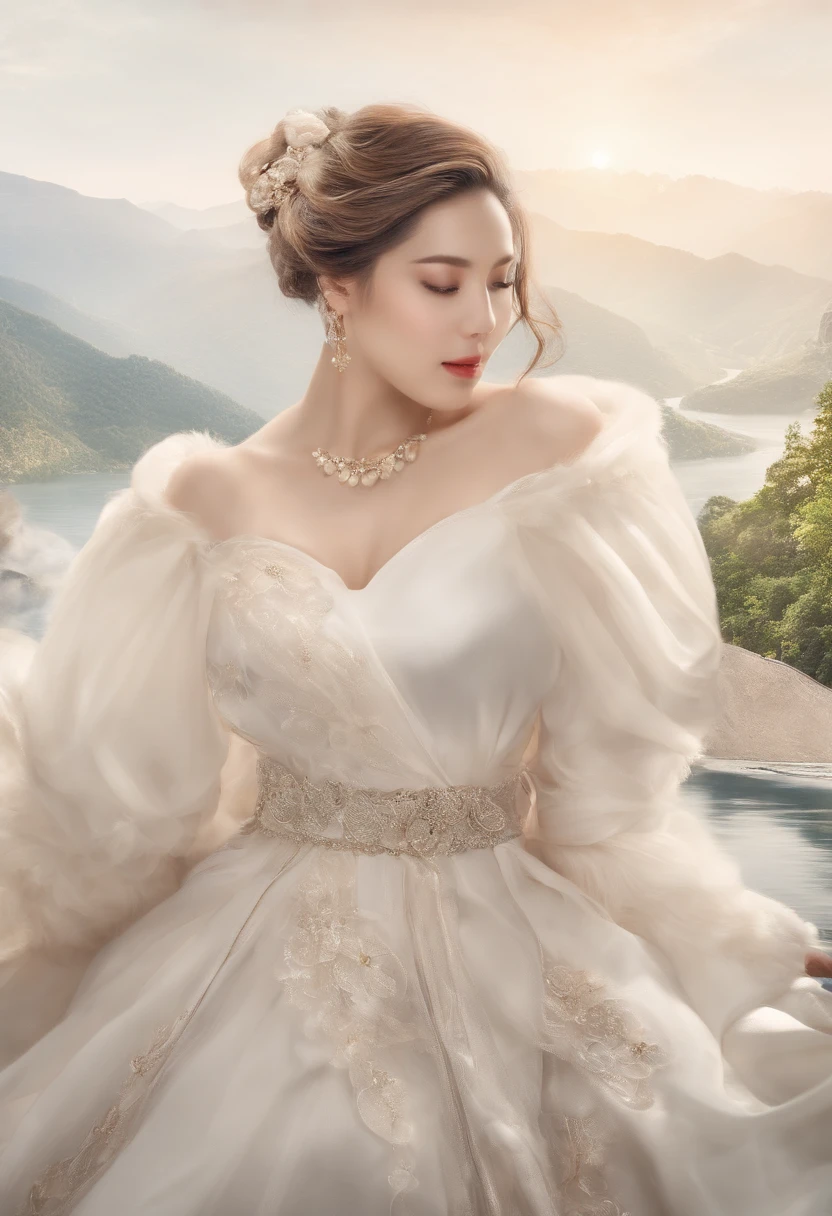 （1个Giant Breast Girl）Calm expression，mesmerizing eyes，（floated hair），（Flowing skirt），A calm posture，Porcelain-like skin，Subtle blush，Sapphire pendant，Break the golden hour，（edge lit）：（（1.2，a warm color palette，sunflare，soft shade，vivd colour，painterly effect，Fantastic atmosphere BREAK scenic lake，Far Mountain，Calm water surface）），（Reflectors），Sunlit clouds，（Oppressive atmosphere），Idyllic sunsets，（ultra - detailed），offcial art，统一 8k 壁纸，zentangle，Haiqin smoke，（Looming chest groove），Arrogant and grim expression，（（Next to his right hand was a black-gold holy sword）），（The black-gold holy sword was the length of an arm），（（Side 45° angle，fully body photo）），《look from down》，（Extremely delicate and harmonious face），（Barefoot），（Skirt knee-length），（Bare back），（cropped shoulders），（Tulle skirt），（Wrap only the chest），（The back was completely exposed and stained with blood），（（Absolutely harmonious and harmonious limbs）），（（Cover your chest with your left hand）），（Resolute and indifferent demeanor）（Crystal clear），（Exquisite facial features），（Evil smile），（Blood spilled from the corners of his mouth），（（Lateral tilt 45° angle）），（closeup view），（perfect body figure），（（Perfect facial features）），（painting of a），（White with black skirt），（Wear more makeup），（Wear more makeup），（Small rivers，High hills，setting sun），（Leaning sideways），（hugging his knees），（Dress coolly），（and wear no underwear）