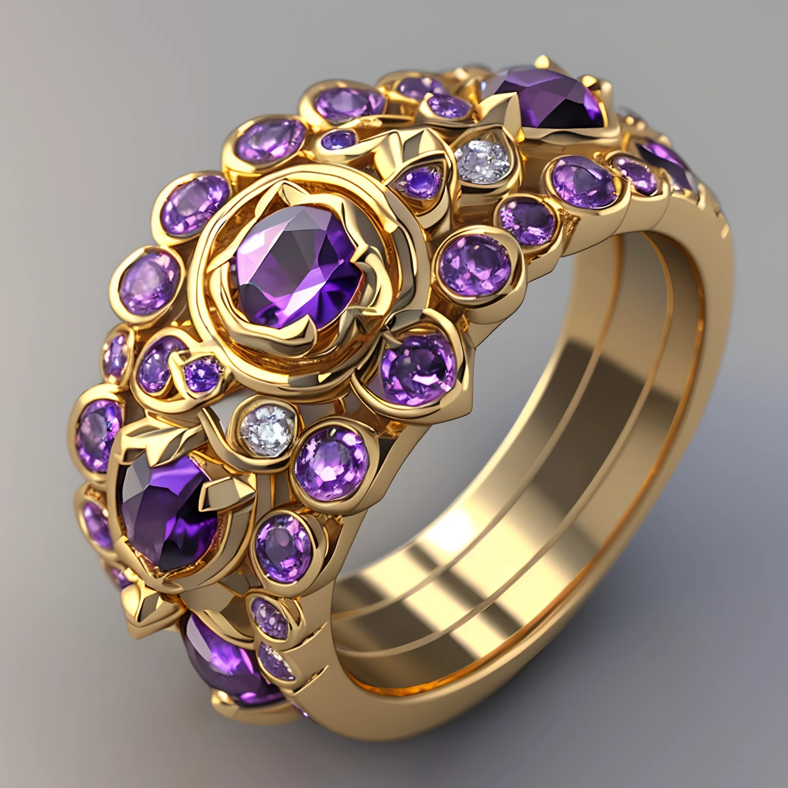 Close-up of the ring,It has purple diamonds on it, stuning fantasy 3 d render, Ring design, ultra detailed 16k, magic crystal ring, Gold and precious stones, crown of giant diamonds, gorgeous 3d render, magic ring with a diamond, gemstones and gold, The magical wishing ring, detailed jewelry, 8K high quality detailed art