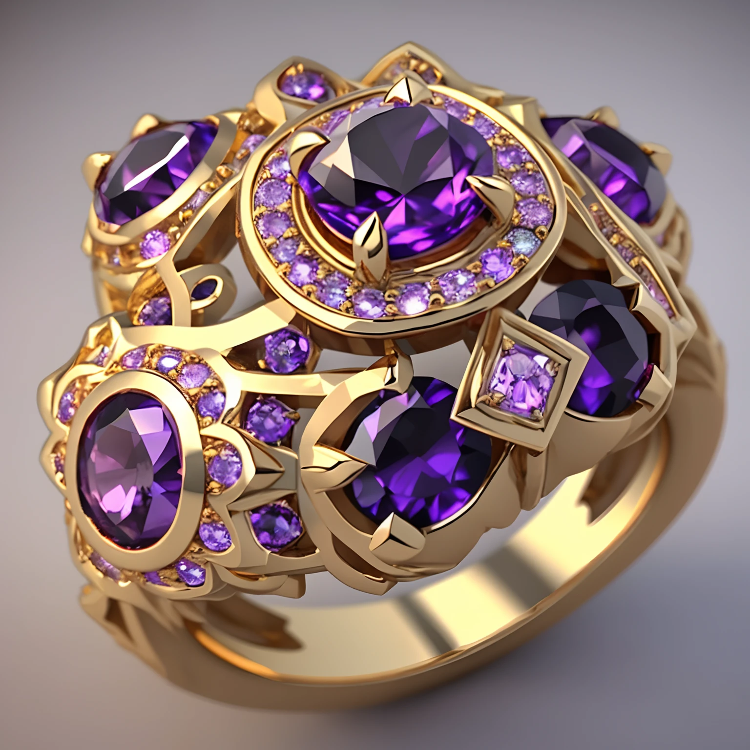 Close-up of the ring，It has purple diamonds on it, stuning fantasy 3 d render, Ring design, ultra detailed 16k, magic crystal ring, Gold and precious stones, crown of giant diamonds, gorgeous 3d render, magic ring with a diamond, gemstones and gold, The magical wishing ring, detailed jewelry, 8K high quality detailed art