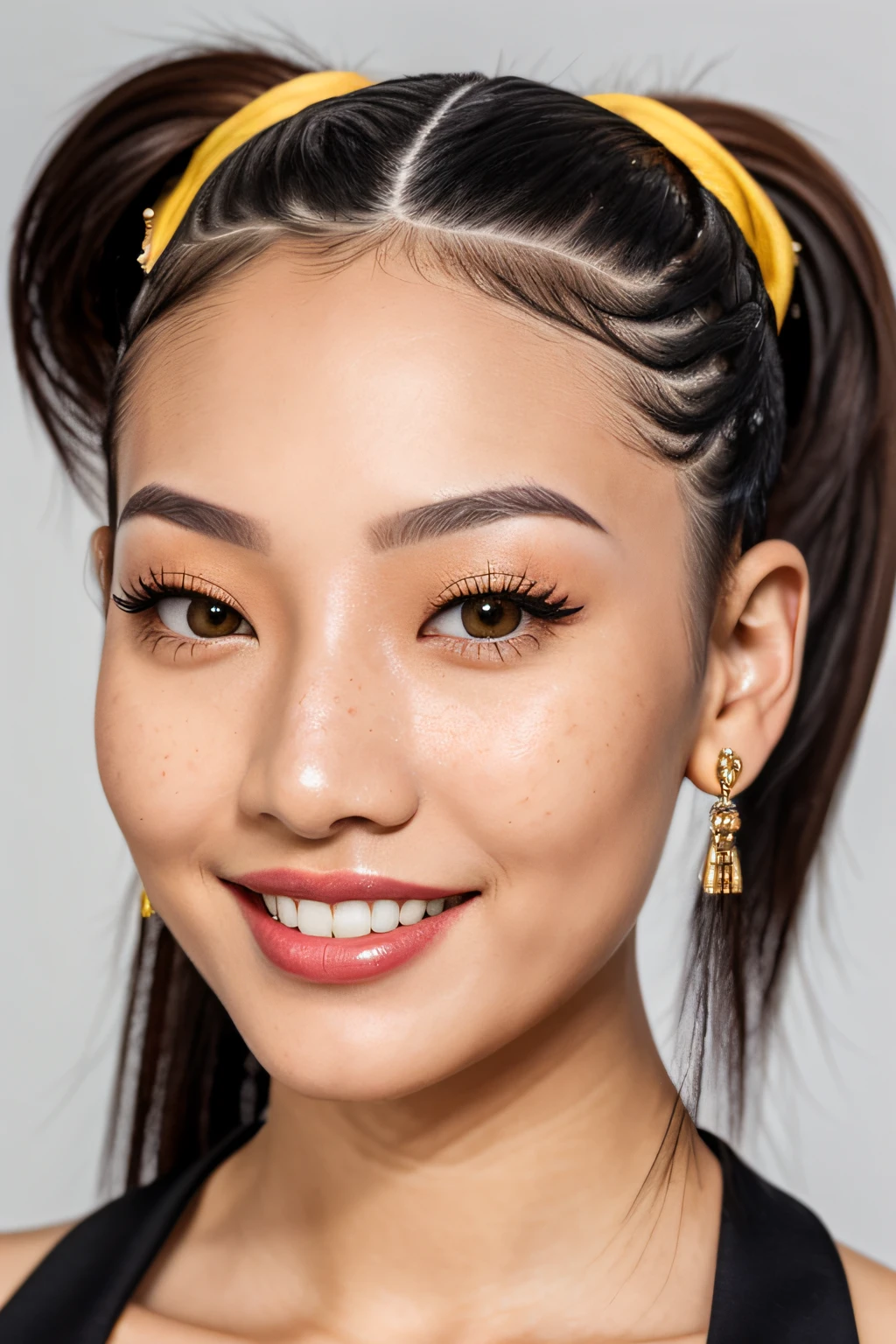 (close-up editorial (((frontal))) photo of 30 yo woman (((influencer))), black hair ((ponytail hairstyle)), (((slim asian))) sweetheart), (freckles:0.9), (((full lips))) smiling, (yellow-brown) eyes, POV, realistic[:, (film grain, 25mm, f/1.2, dof, bokeh, beautiful symmetrical face, perfect sparkling eyes, well defined pupils, high contrast eyes, ultra detailed skin, skin pores, vellus hair, fabric stitching, fabric texture, wood grain, stone texture, finely detailed features:1):0.9]