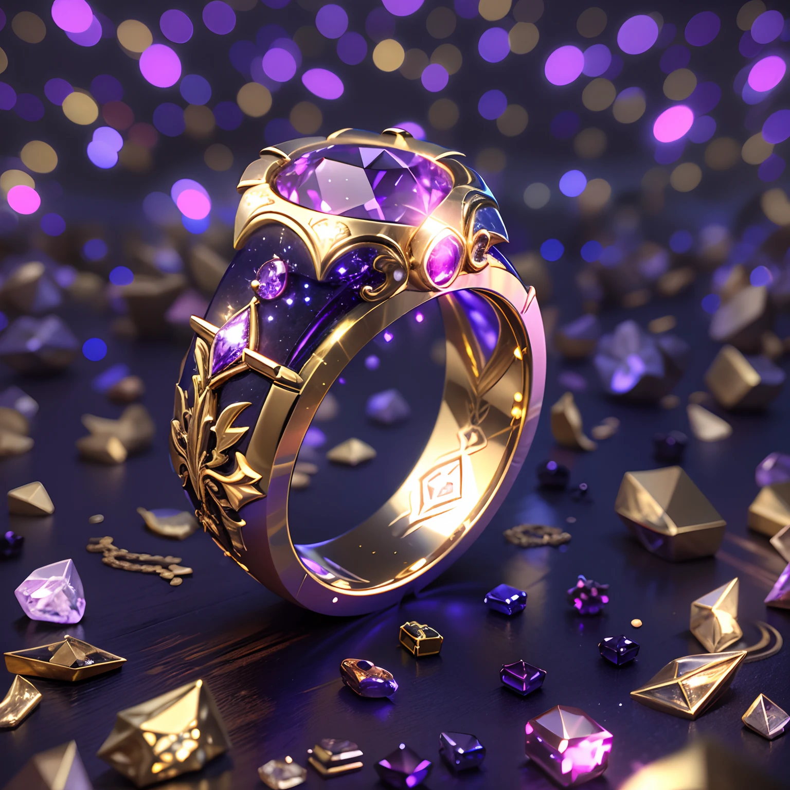 hyper HD, Super detail, Best quality, High details, 1080p, 16k, A high resolution，Close-up of the ring，A ring with a sparkling surface, The magical wishing ring,  magic crystal ring, magic ring with a diamond, purple sparkles, gold and purple, ring lit,, Sparkling gold ring, glowing purple, The background is the mysterious cosmic starry sky, Ring photography, Gemstones and yellow gold rings，(The best illustrations)，(The best shadow)，Isometric 3D.Octane rendering，Hyperrealistic