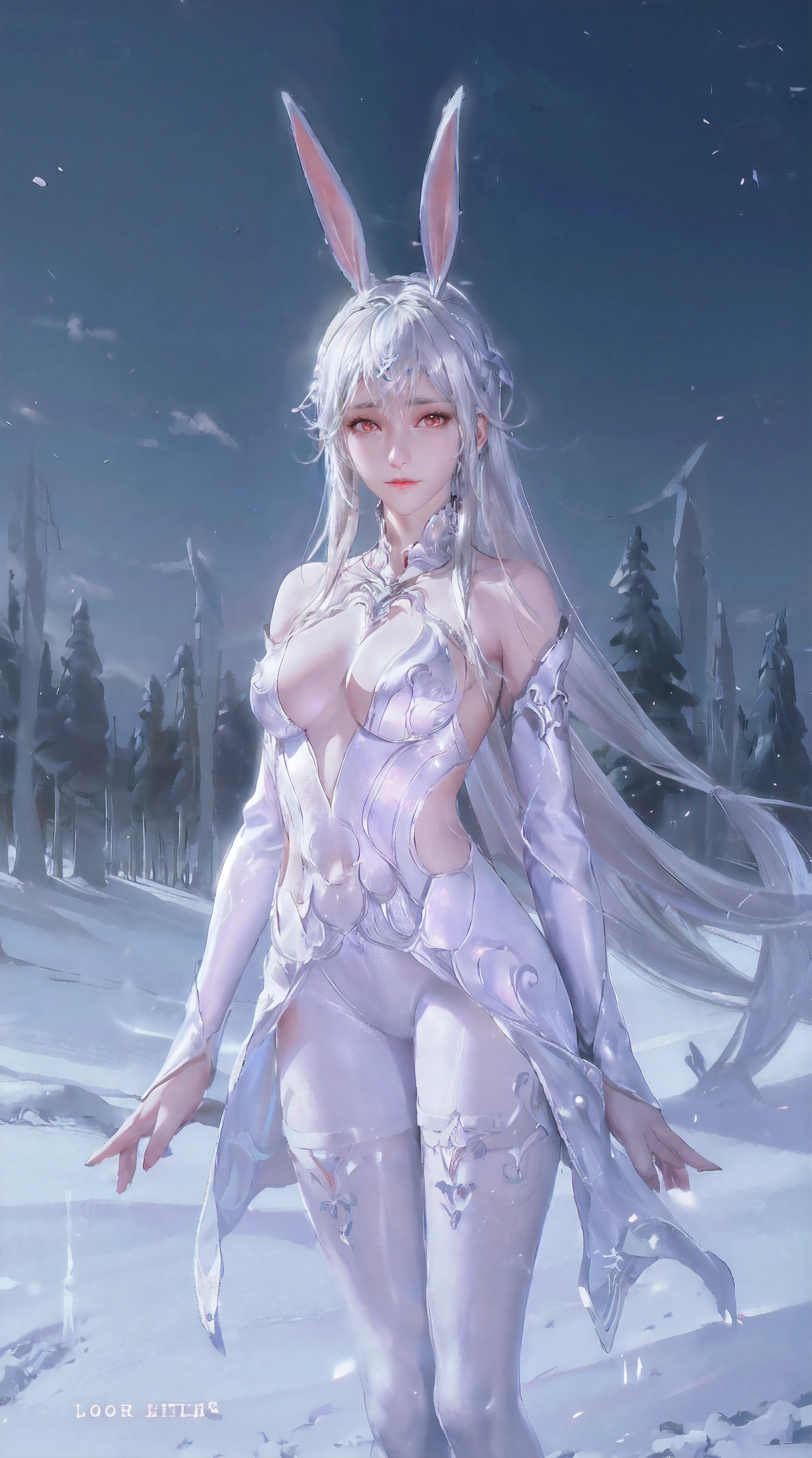 1girl, bunny ears, white hair, skinny waist and legs, long legs, very small breast, fair skin, Full cover sweater, white pantyhose, deadpan, upper body, in snow, forest, photographed by Canan EOS R6, 135mm, 1/1250s, f/2.8, ISO 400