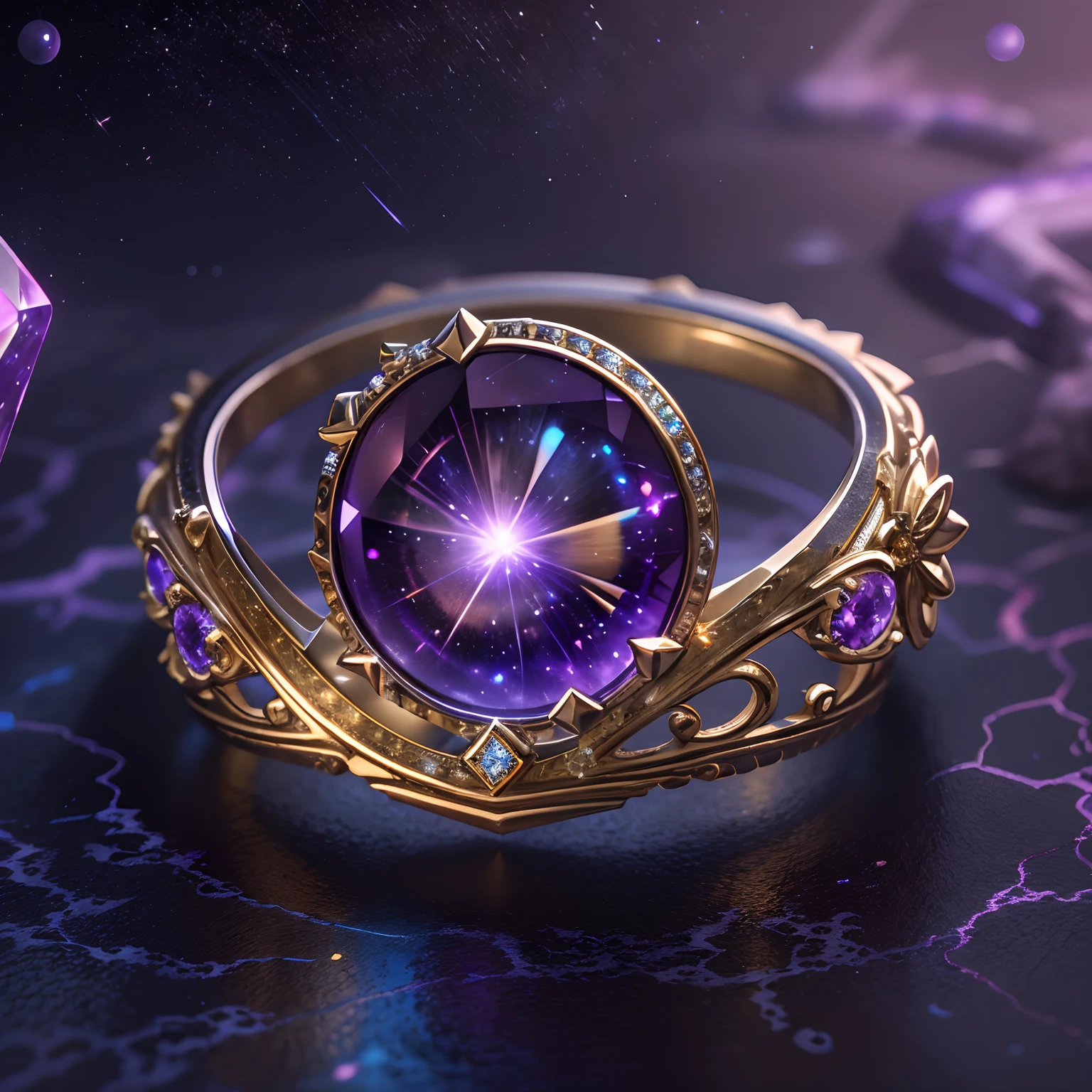 hyper HD, Super detail, Best quality, High details, 1080p, 16k, A high resolution，Close-up of the ring，A ring with a sparkling surface, The magical wishing ring,  magic crystal ring, magic ring with a diamond, purple sparkles, gold and purple, ring lit,, Sparkling gold ring, glowing purple, The background is the mysterious cosmic starry sky, Ring photography, Gemstones and yellow gold rings，(The best illustrations)，(The best shadow)，Isometric 3D.Octane rendering，Hyperrealistic