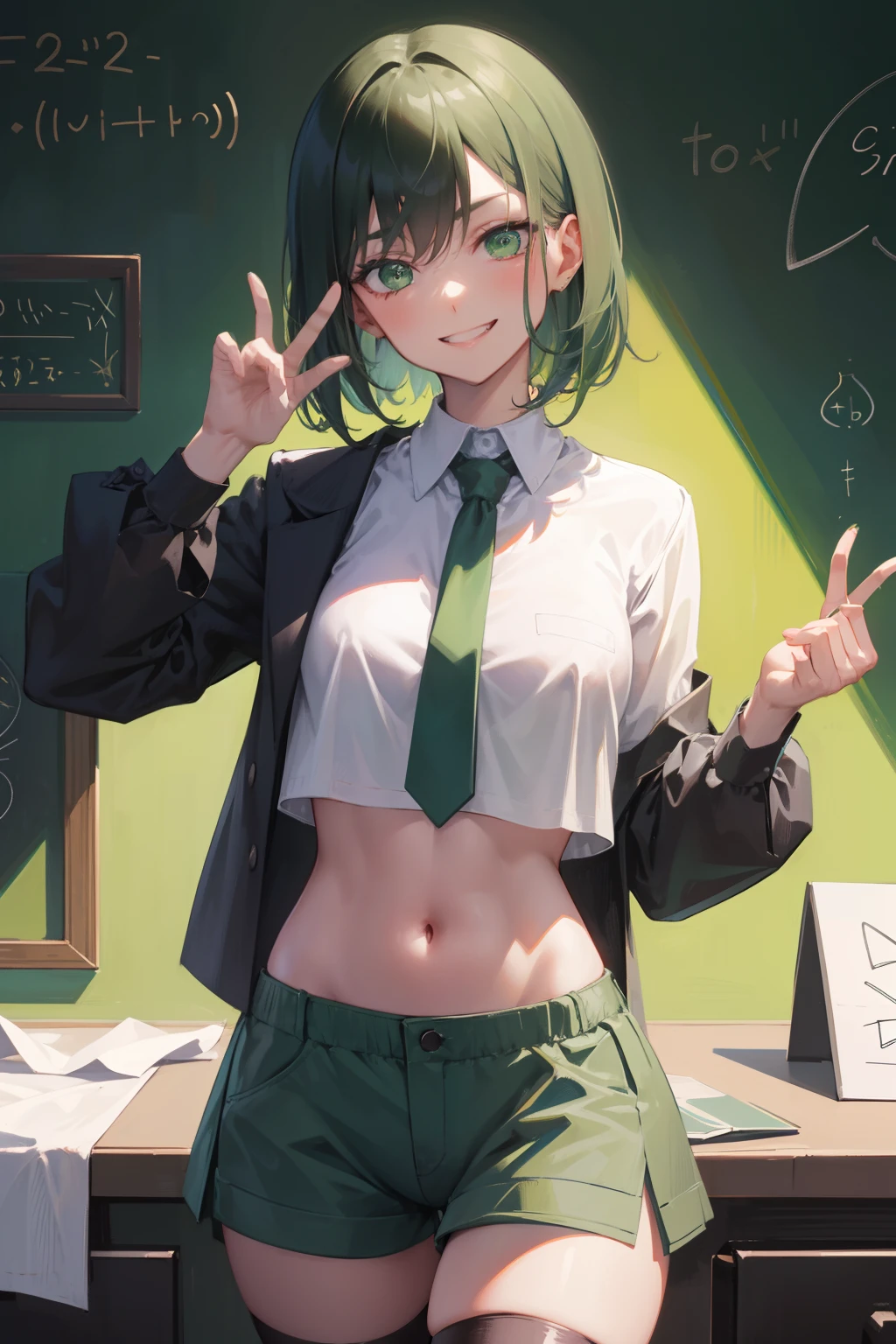 Dark green crop top top，crisp breasts, green shorts, Black thigh stockings clinging to her thighs, Dark green eyes, Tomboyish, Masculine, Evil smile，Sly toothy smile，Raise an eyebrow，Dismissive, Arrogant, Neatly short hair,Gray-green hair，facing at camera，face to the viewer，There is a chalkboard on the back，There are a lot of mathematical formulas on the blackboard，Alpha temperament，The eyes of the ruler