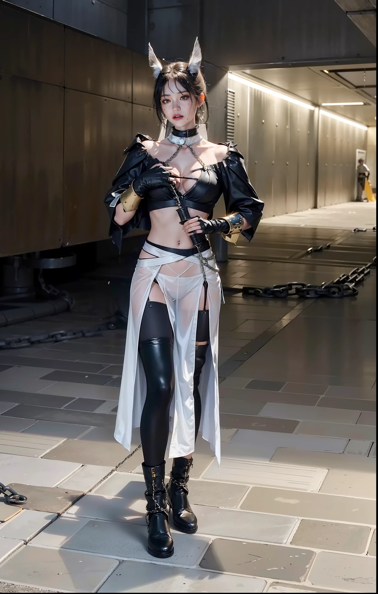 ,((Wearing a torn sheer costume of a superheroine)),(, No bra)), Wet crotch, Wet thighs, Beautiful girl with accentuated slender abs: 1.4, (((nipple tips protruding, areola is protruding, The shape of the pubic region is clearly visible)), sixpack abs: 1.4, Bust Botox, Photo, Sharpness, Unique 850 4, Koda850 k portrait camera, F1.6 shots, Ultra-realistic textures, Spectacular light textures, Cinestil 800 Fashion Mechanics, (futuristic sci-fi battle fashion: 1.1), (tied perfectly by chain), Restraint, Slaves, collars, ((wide prison with sunlight)), Dark fantasy, Realistic material details, extreme hight detail, Ultra-realistic materials ((Torn costume))), Wet, Cloudy, (Chained)), ((big emphasized by chains)), ((chains digging into crotch)), ( (Collar)), (, No bra), shredded costumes, broken golden shields and battle spears,, White combat gloves, Combat shoulder armor, Blood splattered on the face, Blood splattered, Realistic, (Bruises, Dirty, ripped clothing, skimpy clothing, Blood: 1.3),  Torn Cape, Torn pantyhose, Long legs, ((iron pipe in the crotch)), Metallic shackles and fetters, ((chains hung from heaven)), Wet crotch is clearly visible, Swarovski's sword and the anatomy beneath his feet, (futuristic sci-fi battle fashion, Torn mesh stockings),