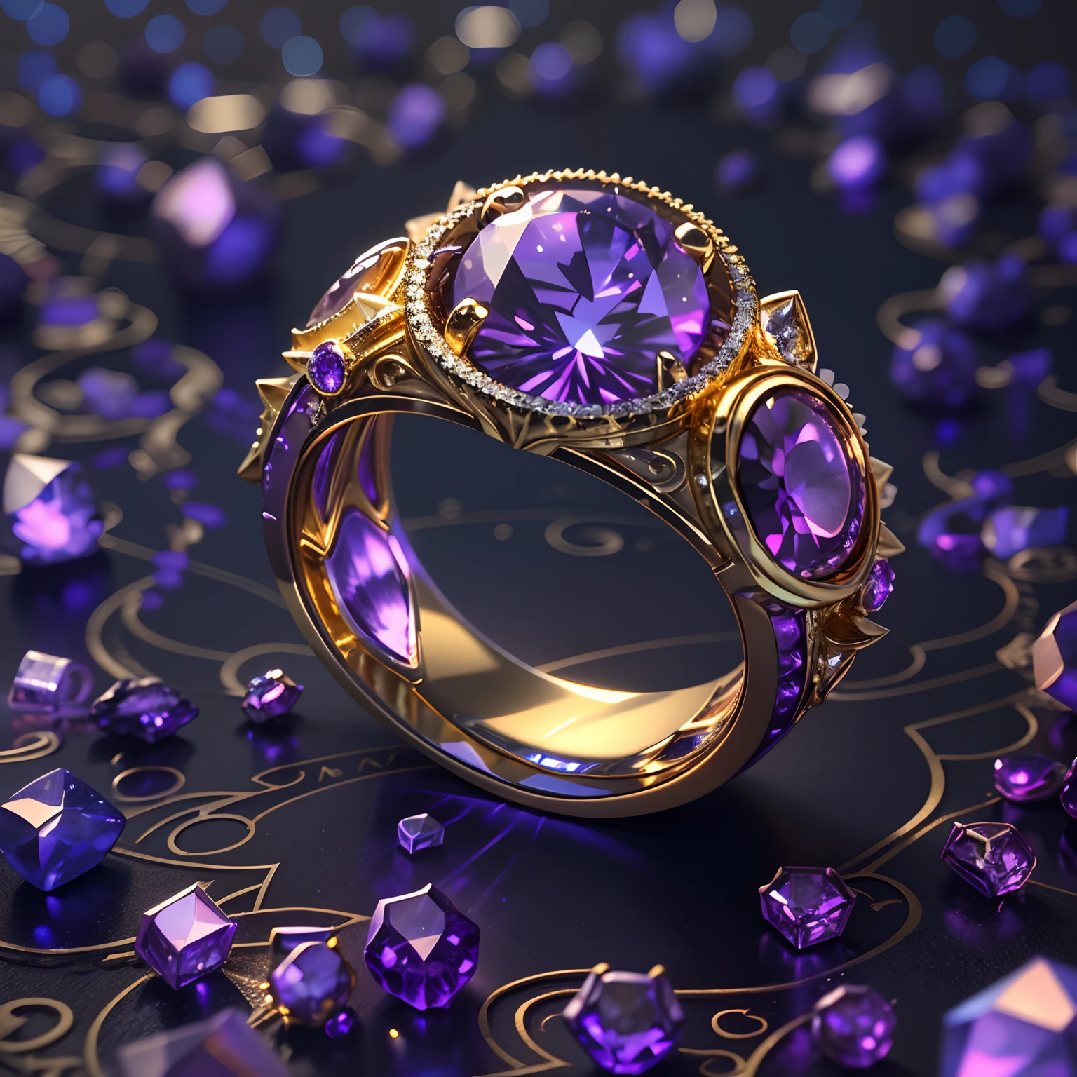 hyper HD, Super detail, Best quality, High details, 1080p, 16k, A high resolution，Close-up of the ring，A ring with a sparkling surface, The magical wishing ring,  magic crystal ring, magic ring with a diamond, purple sparkles, gold and purple, ring lit,, Sparkling gold ring, glowing purple, The background is the mysterious cosmic starry sky, Ring photography, Gemstones and yellow gold rings，(The best illustrations)，(The best shadow)，Isometric 3D.Octane rendering，Hyperrealistic