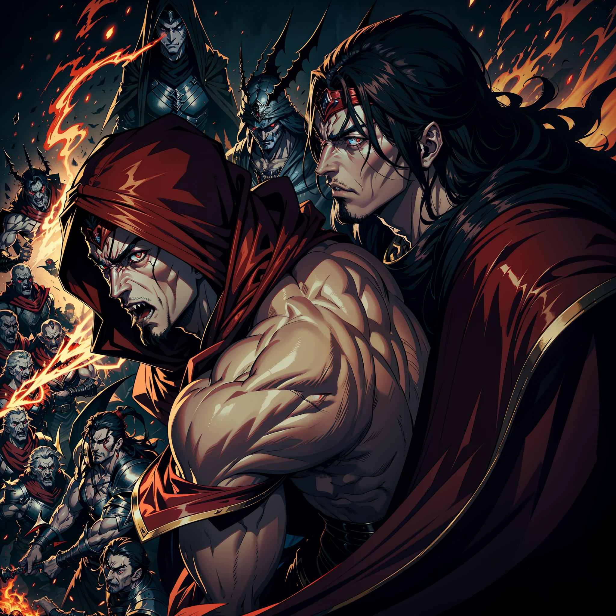 Red Turban Scary Face Hokuto No Ken Structure Muscular Face Kenshiro Leading Troops Army of Demons to Fight Sharp Details Cutscenes Epic Movie Hyper Realistic Legendary Movie Epic Movie Highly Detailed Faces Dramatic Characters