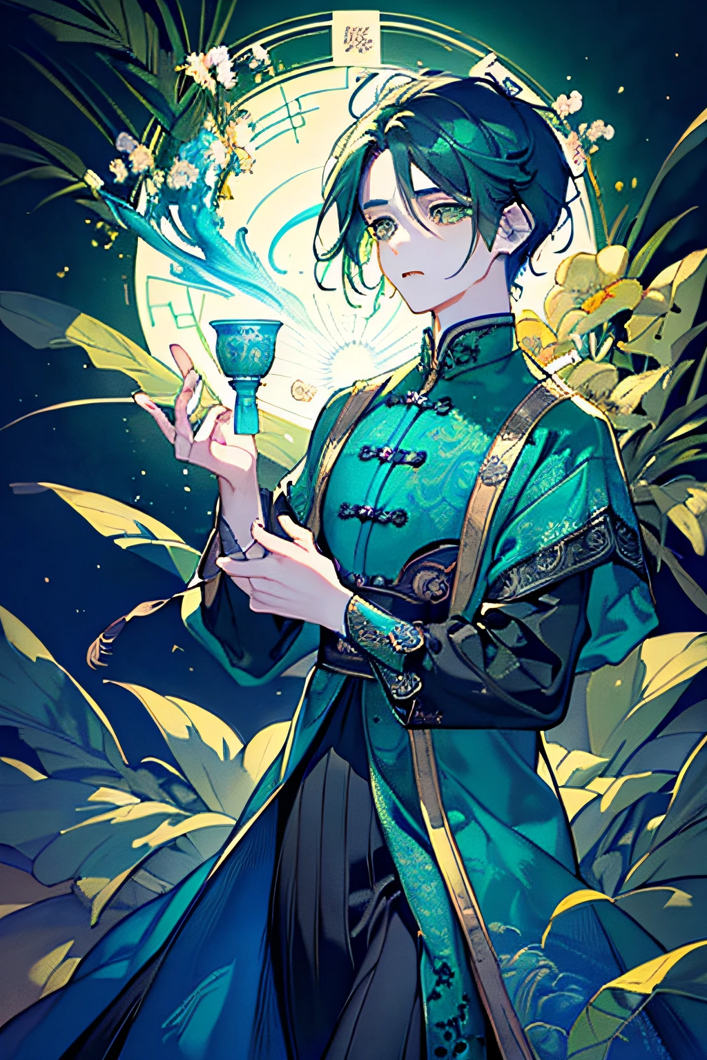 Yellow overall、Braids、Young cute beautiful 18 year old boy:1.4)、(masterpiece、top-quality、top-quality、Official art、Beautifully Aesthetic:1.2)、(1 boy:1.3)、A highly detailed、((top-quality))、(((masterpiece)))、(hight resolution)、Original、Very detailed 8k wallpaper、(Peacock Blue Gorgeous Dress、Many feathers、Very delicate and beautiful boy with green eyes)、((top-quality))、(O spirit)、((illustratio))、(beatiful detailed eyes:1.1)、depth of fields、lens、good lighting、(Partial skin exposure:1.2)、(oilly skin:1.3)、(Reflex ribs:1.1)、full body Esbian