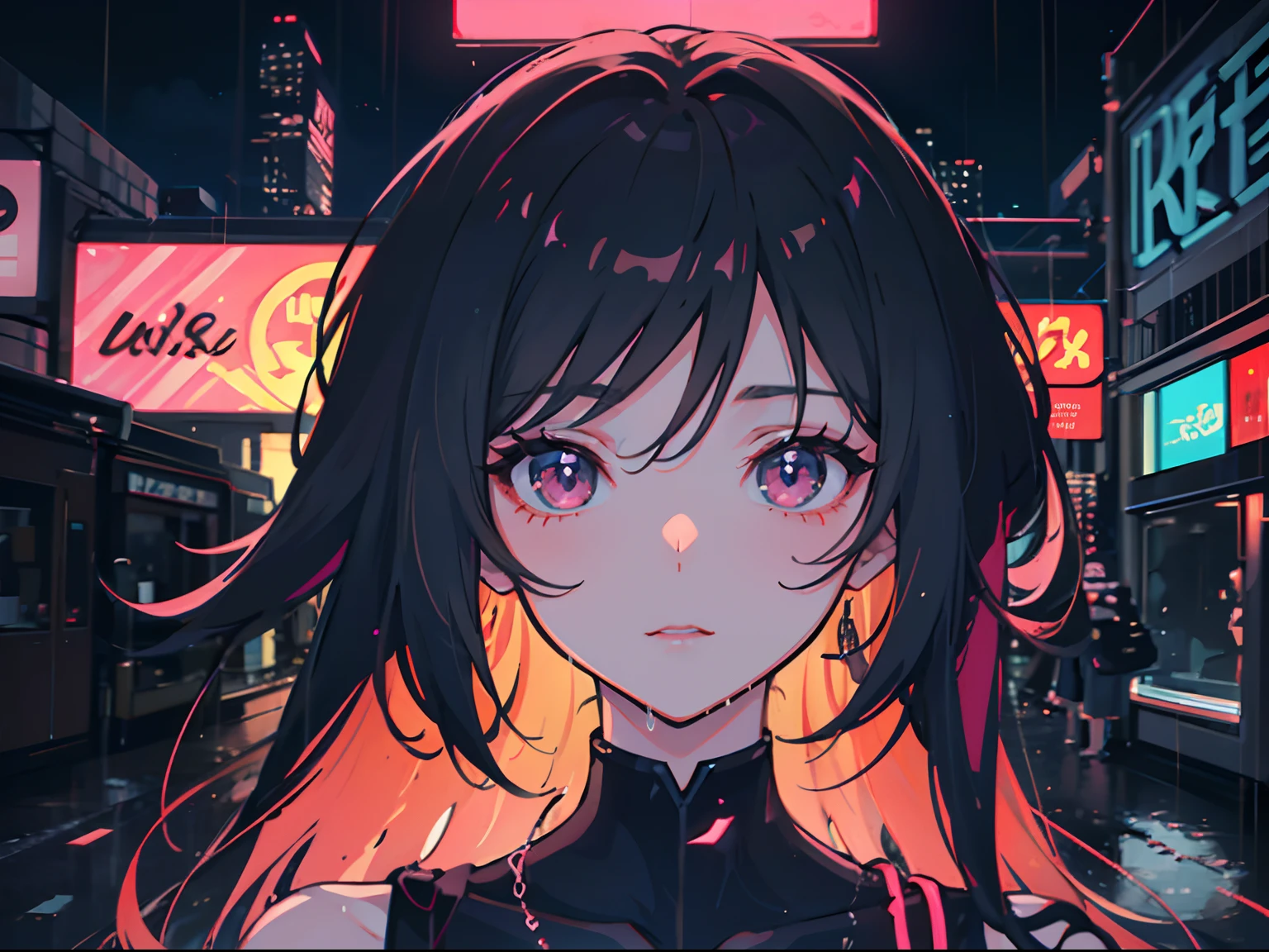 cyberpunk anime girl, cyberpunk aesthetic, neon lights, neon city, cyberpunk city, anime girl in cyberpunk city, an anime girl, cute anime girl, anime girl closeup, neon city in rain, cyberpunk city in rain, rain, rain aesthetic, anime girl close, anime girl face, an anime,