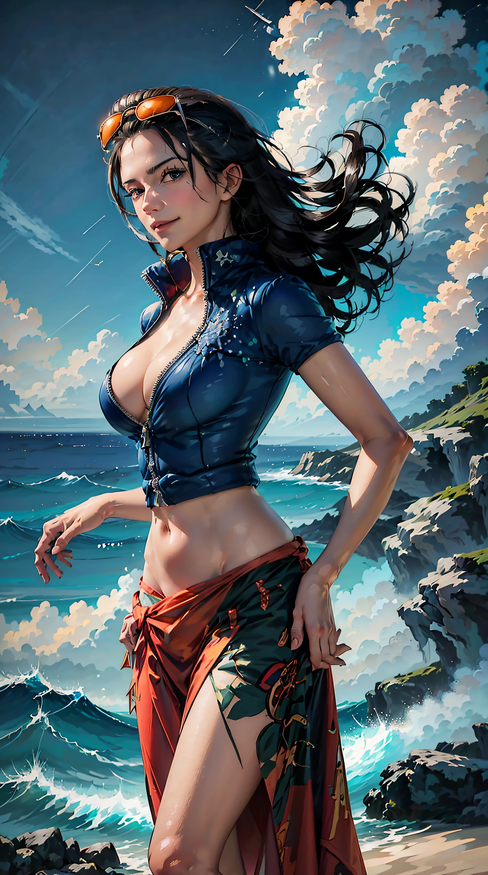 (((masterpiece))), NicoRobin, 1girl, solo, full body, long hair, looking at viewer, smile, blue eyes, large breasts, black hair, navel, holding, cleavage, closed mouth, standing, collarbone, jacket, short sleeves, cowboy shot, outdoors, sky, day, midriff, cloud, water, stomach, blue sky, crop top, groin, hand on hip, ocean, sunglasses, eyewear on head, zipper, cropped jacket, high collar, unzipped, sarong, hair slicked back, partially unzipped, print sarong,