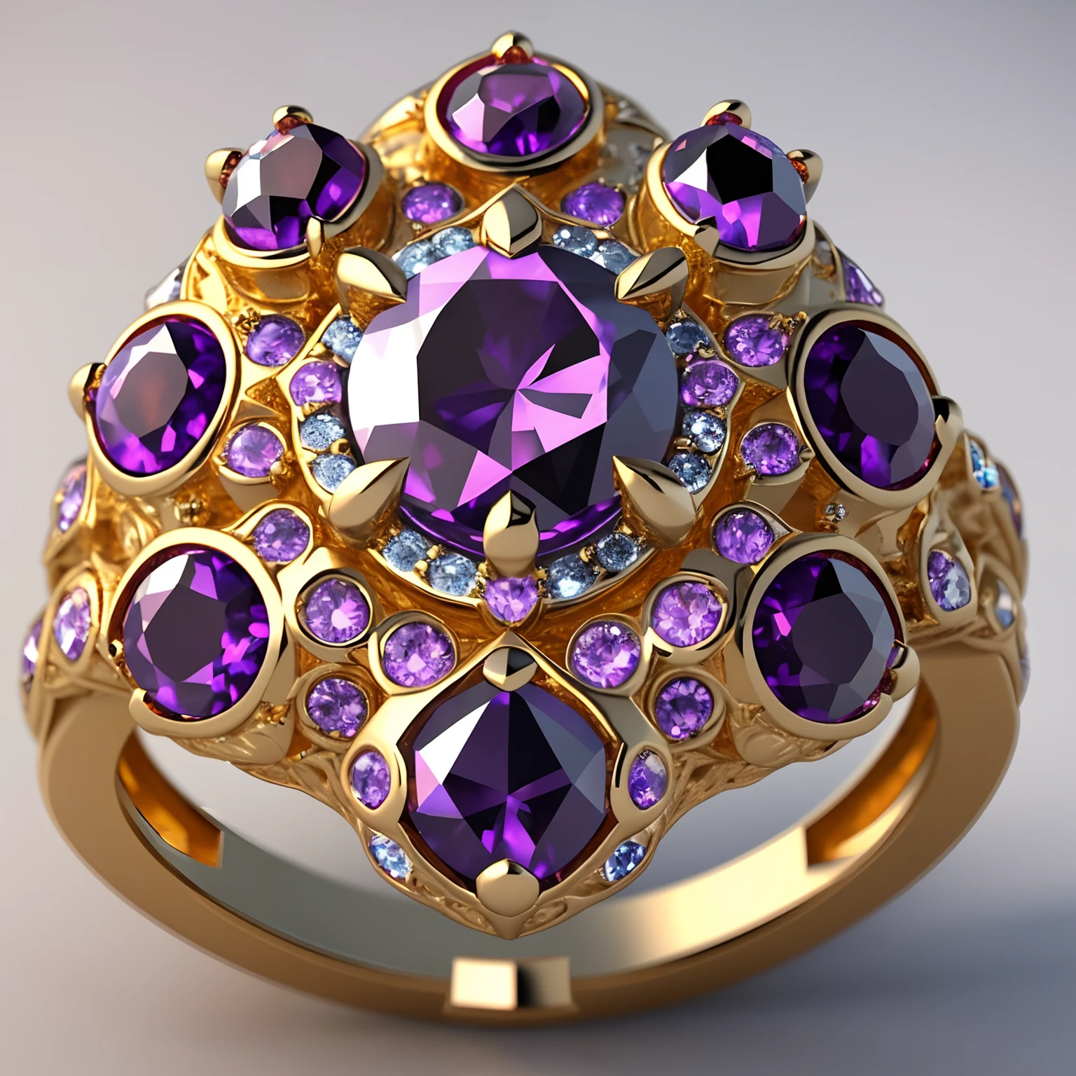 Close-up of the ring，It has purple diamonds on it, stuning fantasy 3 d render, Ring design, ultra detailed 16k, magic crystal ring, Gold and precious stones, crown of giant diamonds, gorgeous 3d render, magic ring with a diamond, gemstones and gold, The magical Ring of Wishes, detailed jewelry, 8K high quality detailed art