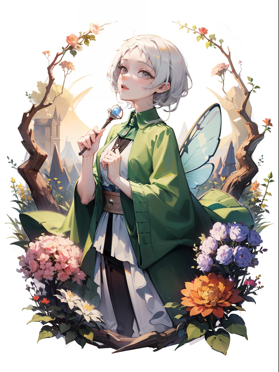 white short hair, red delaled sparkling eyes, Flower fairy, Transparent colorful wings, Magic wand，The background is forest，fresh flowers，green trees，Outstanding quality，illustration，8k，High definition, white short hair