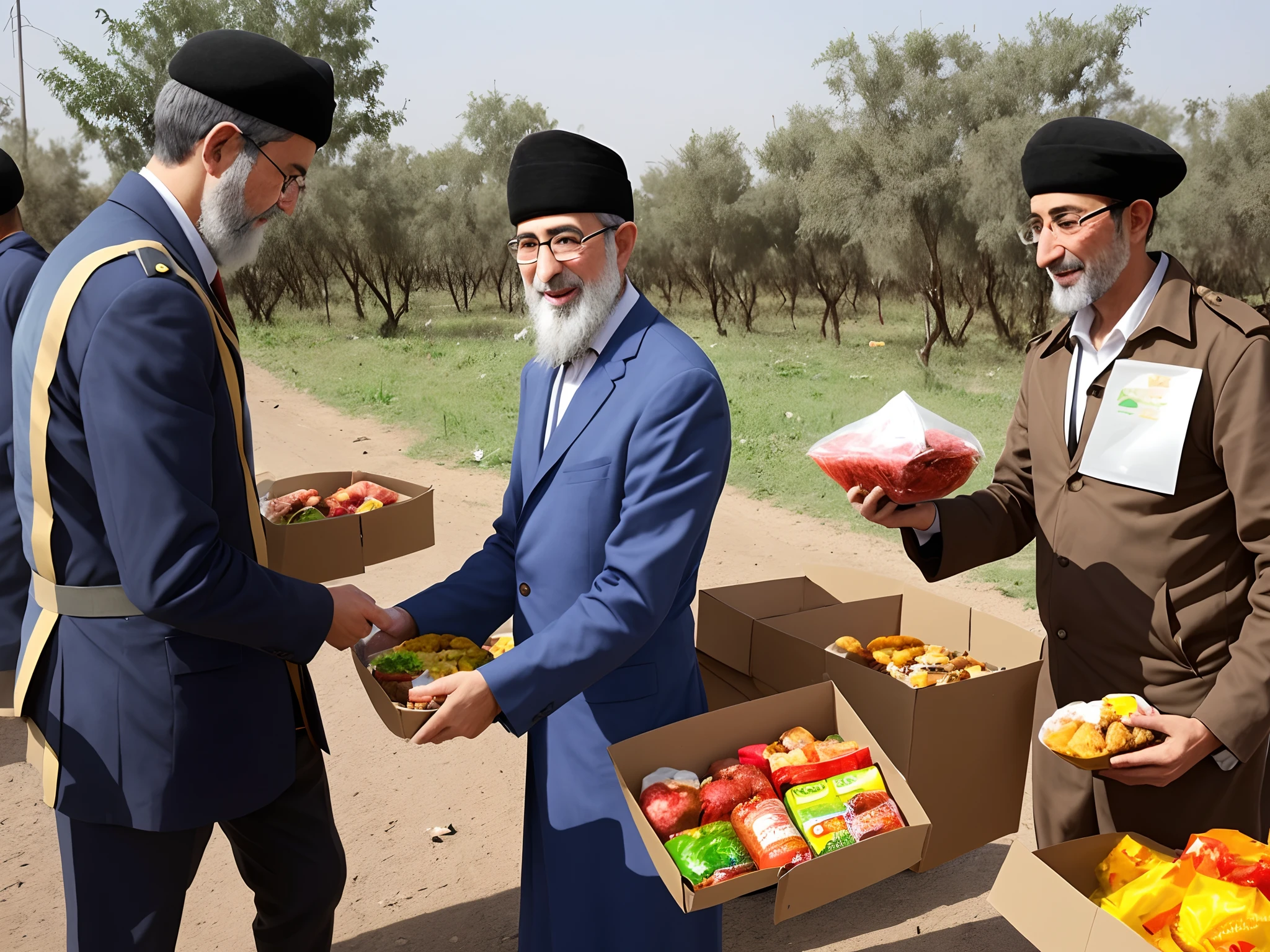 Jewish rabbi handing out food in a war torn country