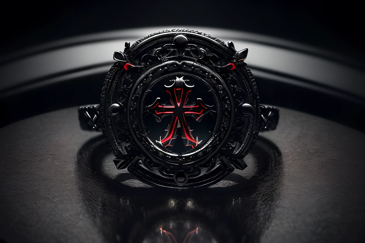 (((madness intricate insane glow metal finger-ring illustration:1.3))), shaped and slender, evil, (look ring:1.2), light black and blood red, light black glow, azure glow, (((a metallic texture sinister finger-ring:1.5))), (((the upside down cross with chain:1.3))), (intricate insane detailed:1.3), (highly quality:1.3), (extremely intricate details:1.3), (cinematic still with angle:1.3), (highest quality:1.3), (black light painting:1.1), (exquisite high-definition drawing:1.2), ((stunningly beautiful dark visual quality:1.2)). (zoom focus finger-ring:1.3), dynamic angle,