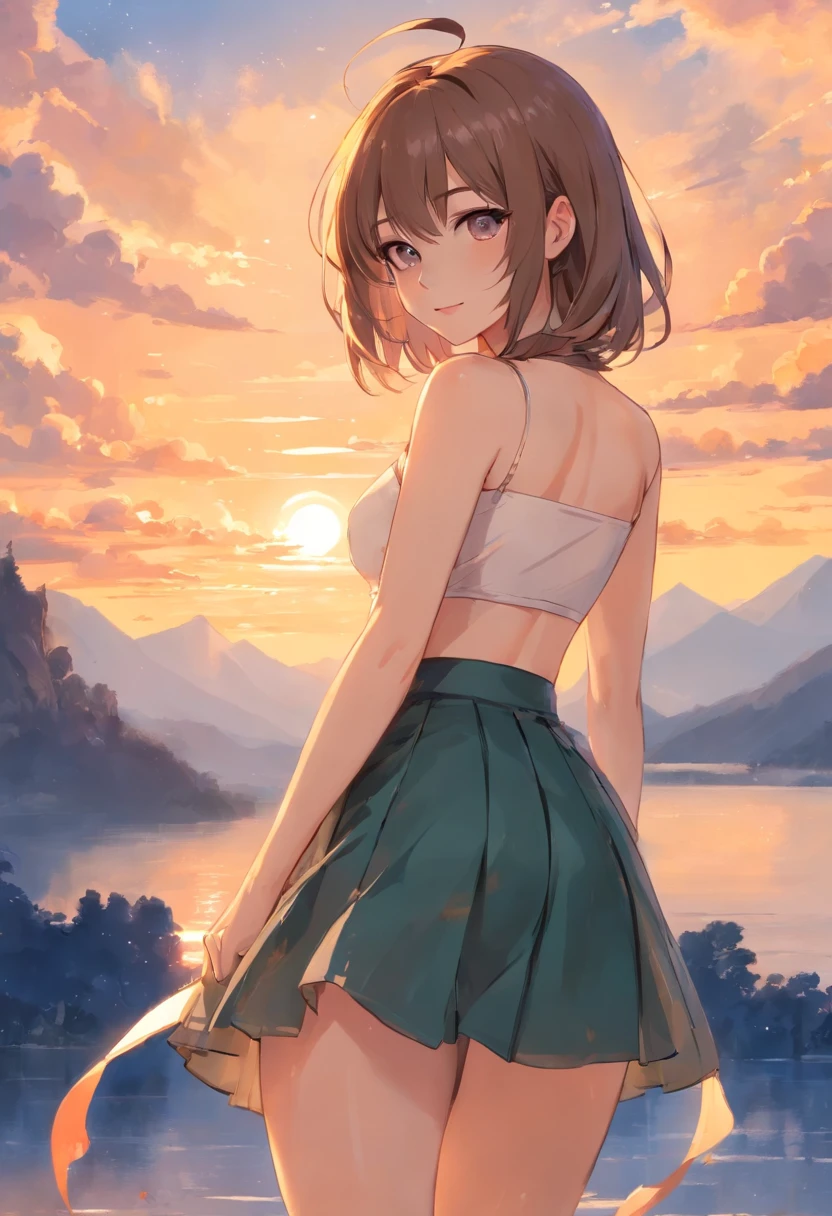 (1个Giant Girl)Calm expression,mesmerizing eyes,(floated hair),(Flowing skirt),A calm posture,Porcelain-like skin,Subtle blush,Sapphire pendant,Break the golden hour,(edge lit):((1.2,a warm color palette,sunflare,soft shade,vivd colour,painterly effect,Fantastic atmosphere BREAK scenic lake,Far Mountain,Calm water surface)),(Reflectors),Sunlit clouds,(Oppressive atmosphere),Idyllic sunsets,(ultra - detailed),offcial art,统一 8k 壁纸,zentangle,Haiqin smoke,(Looming chest groove),Arrogant and grim expression,((Next to his right hand was a black-gold holy sword)),(The black-gold holy sword was the length of an arm),((Side 45° angle,fully body photo)),《look from down》,(Extremely delicate and harmonious face),(Barefoot),(Skirt knee-length),(Bare back),(cropped shoulders),(Tulle skirt),(Wrap only the chest),(The back was completely exposed and stained with blood),((Absolutely harmonious and harmonious limbs)),((Cover your chest with your left hand)),(Resolute and indifferent demeanor)(Crystal clear),(Exquisite facial features),(Evil smile),(Blood spilled from the corners of his mouth),((Lateral tilt 45° angle)),(closeup view),(perfect body figure),((Perfect facial features)),(painting of a),(White with black skirt),(Wear more makeup),(Wear more makeup),(Small rivers,High hills,setting sun),(Leaning sideways),(hugging his knees),(Dress coolly),(and wear no underwear)