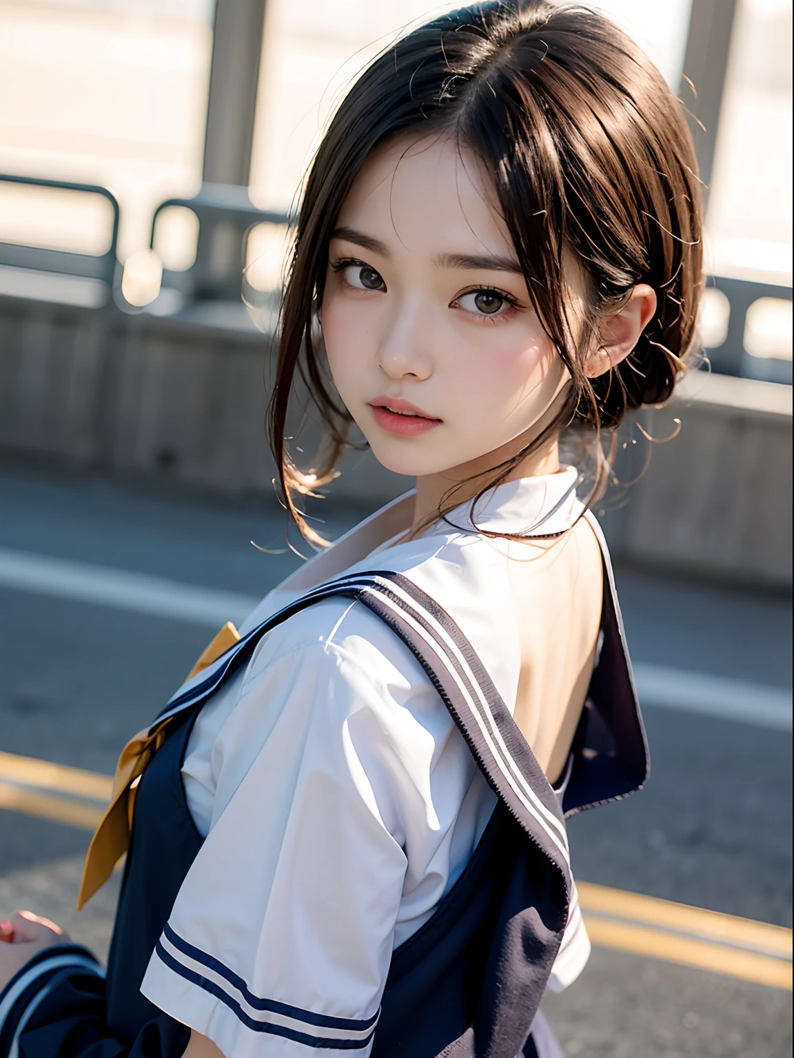 (masutepiece, Best Quality:1.2), 8K, Official art, Raw photo, Full Bord Bill Four、cute butt、Back angle、On the way to take off the uniform、turned around、skinny、14years、small tits、unbelievable Ridiculous, (Upper body, 校服、a sailor suit:1.4), Beautiful Girl, Pretty Face, arching back down,、Gold hair ornament on hair、close up, Sailor Suit, Short sleeve, violaceaess, Teen, Street, Looking at Viewer, Film grain, chromatic abberation, Sharp Focus, face lights, Dynamic lighting, Cinematic lighting, Eyes and faces with detailed, Bokeh background,