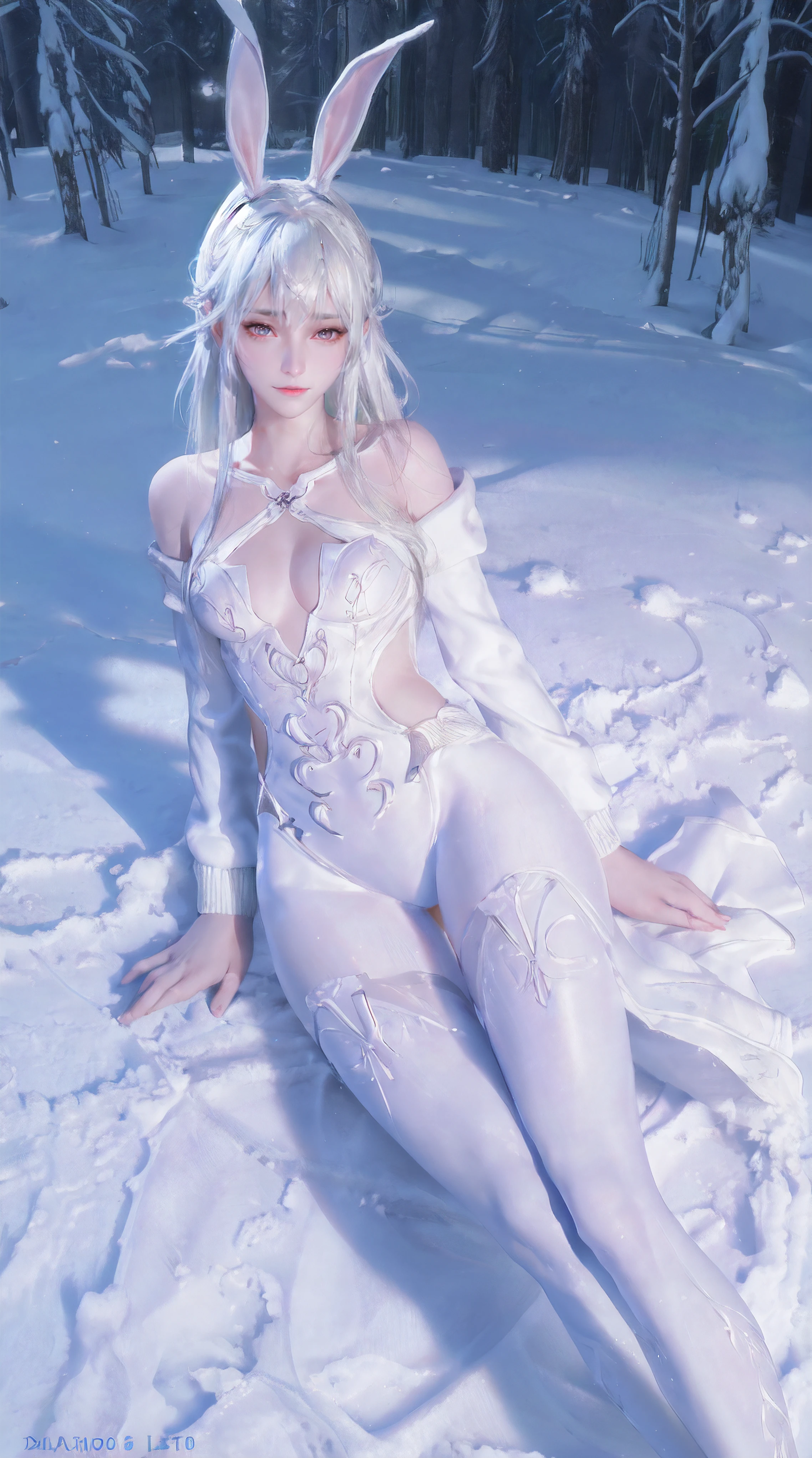1girl, bunny ears, white hair, skinny waist and legs, long legs, very small breast, fair skin, Full cover sweater, white pantyhose, deadpan, upper body, in snow, forest, photographed by Canan EOS R6, 135mm, 1/1250s, f/2.8, ISO 400