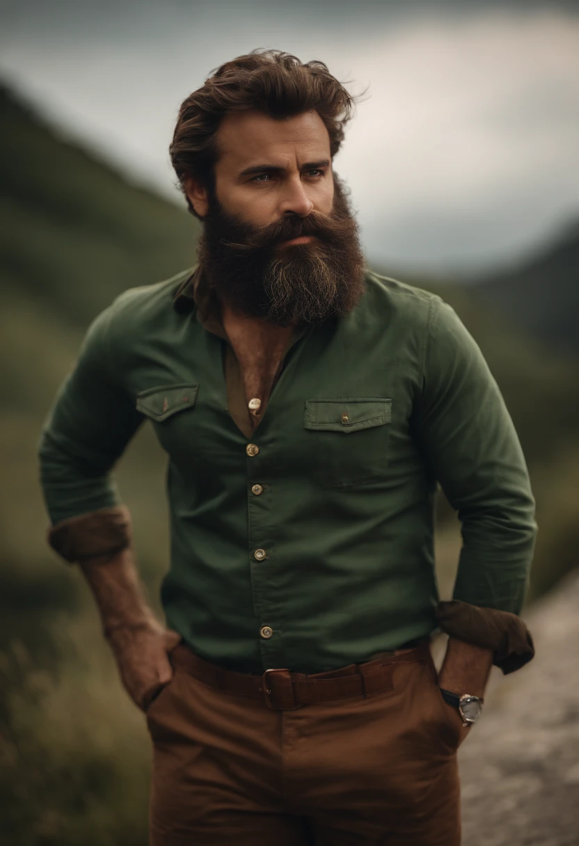 Brownish dwarf, medium brown beard, cabelo desarrumado castanho, camisa vermelha, jaqueta verde, navy blue pants