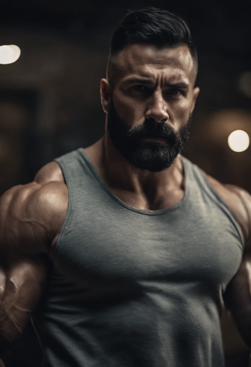 Bodybuilder with short black hair and beard, in a chaotic scene, dramatic and epic, hyper realistic