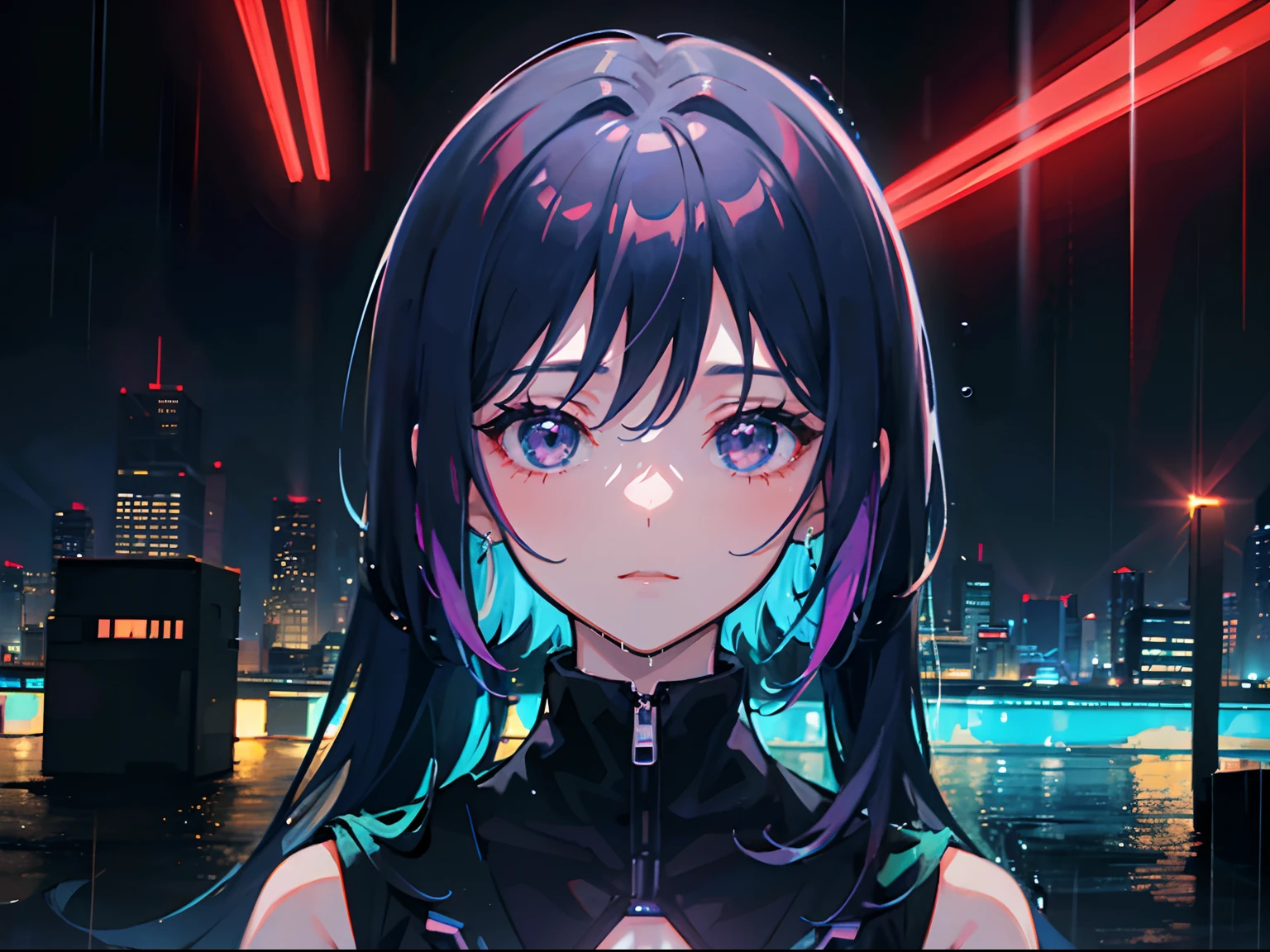 cyberpunk anime girl, cyberpunk aesthetic, neon lights, neon city, cyberpunk city, anime girl in cyberpunk city, an anime girl, cute anime girl, anime girl closeup, neon city in rain, cyberpunk city in rain, rain, rain aesthetic, anime girl close, anime girl face, an anime,